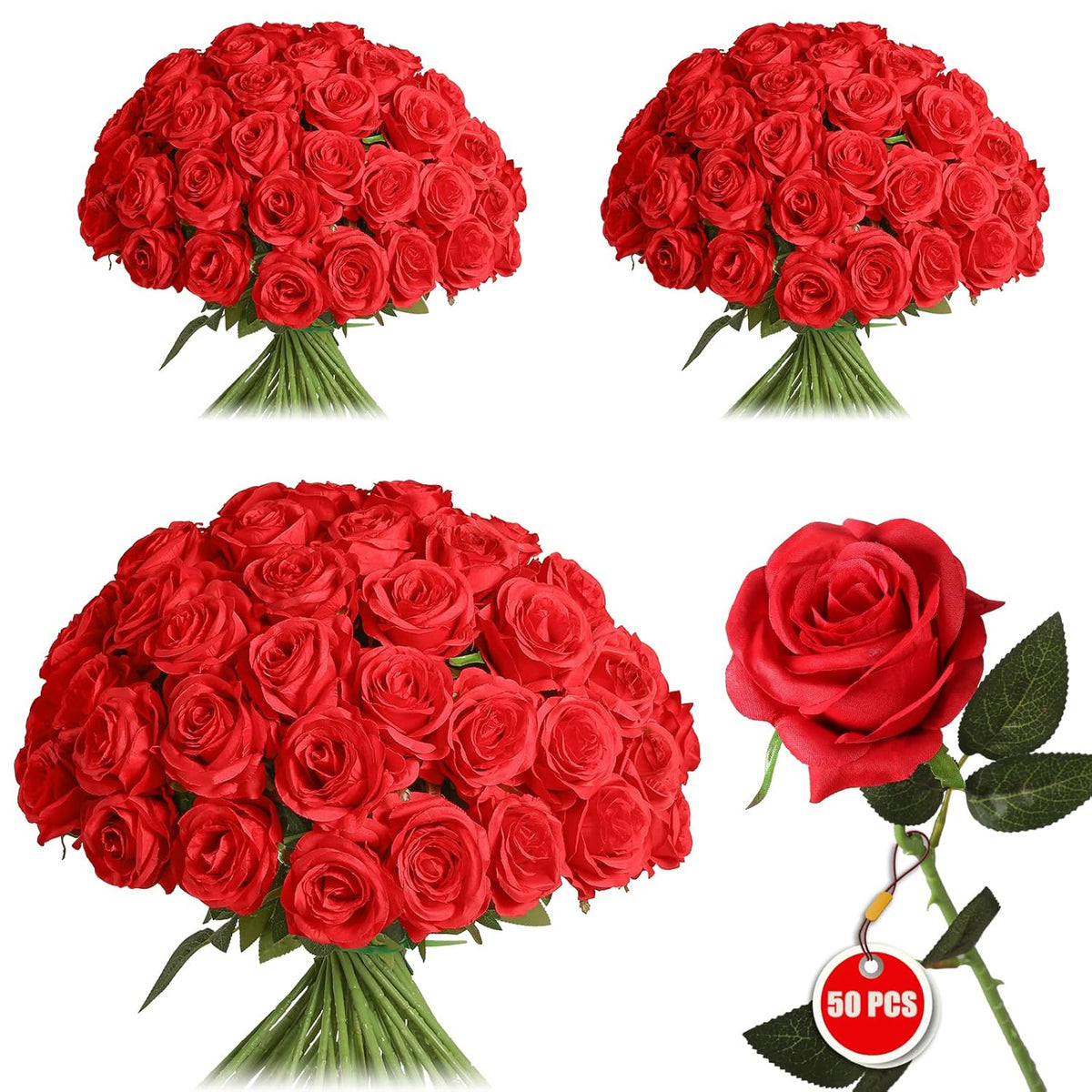 50Pcs Artificial Silk Roses Flowers – Realistic Fake Roses In Bulk & Bouquet Long Stem Red Rose For Wedding Centerpieces, Home Decor, Floral Arrangements, Party Decoration (Red)