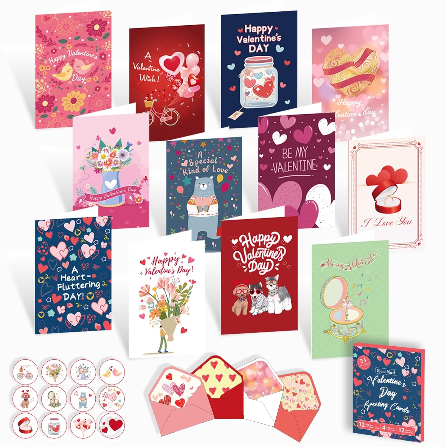 24 Pack Valentine'S Day Cards With 12 Envelopes, 24 Sticker Seals - 12 Designs, 4X6 Inch Unfolded Cards, Printed Message Inside, Premium Cardstock, Perfect For Valentine’S Day Wedding Mother Day, Gift Packaging Included