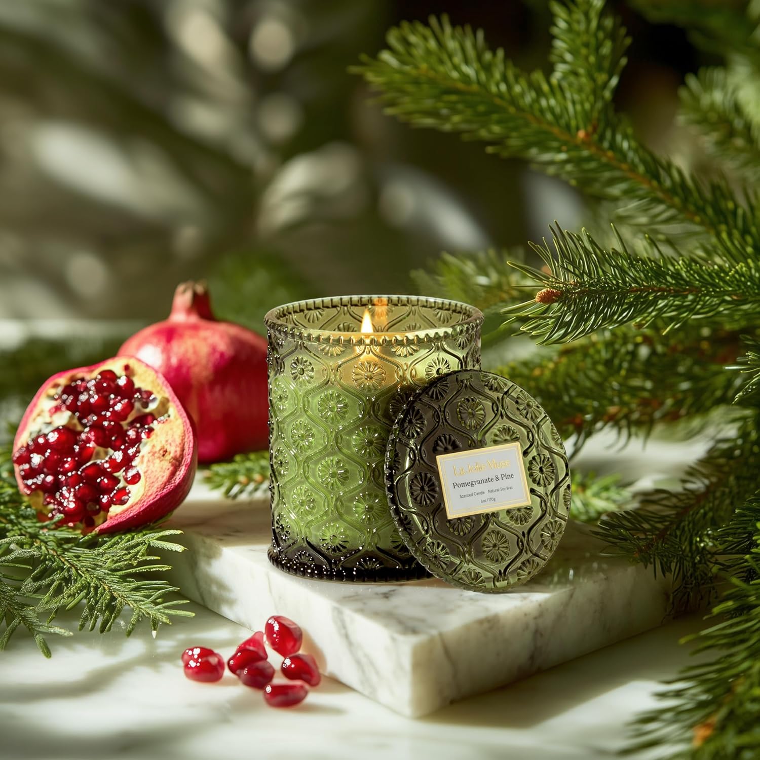 Pine & Pomegranate Candle | Lemon, Pomegranate & Pine | 6 Oz Natural Soy Wax | 40 Hours Clean Burn | Gift-Ready For Hosts, Gatherings | Elegant Home Décor