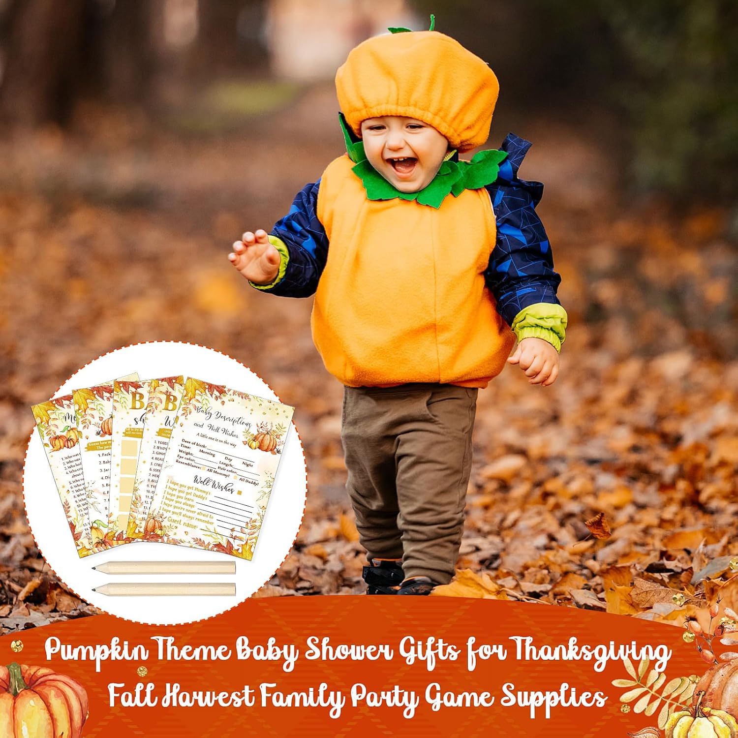 145 Pieces Thanksgiving Baby Shower Party Games Sets, 125 Pumpkin Theme Baby Shower Games Paper Cards With 20 Editable Pencils Gifts For Fall Harvest Family Party Game Supplies