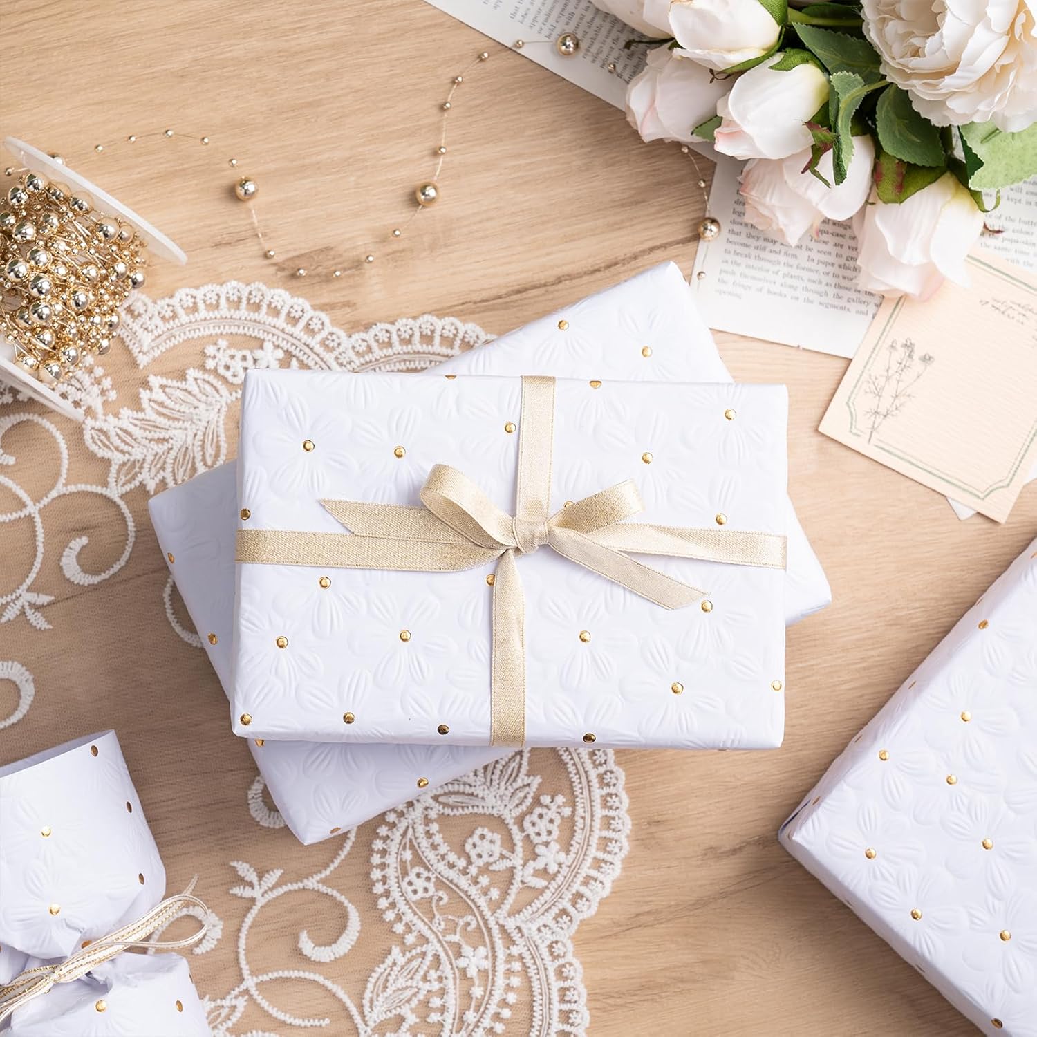 White Wrapping Paper Roll, Mini Roll, Flower With Gold Dot Design Perfect For Wedding, Birthday, Anniversary, Bridal Shower, 17 Inches X 16.4 Feet