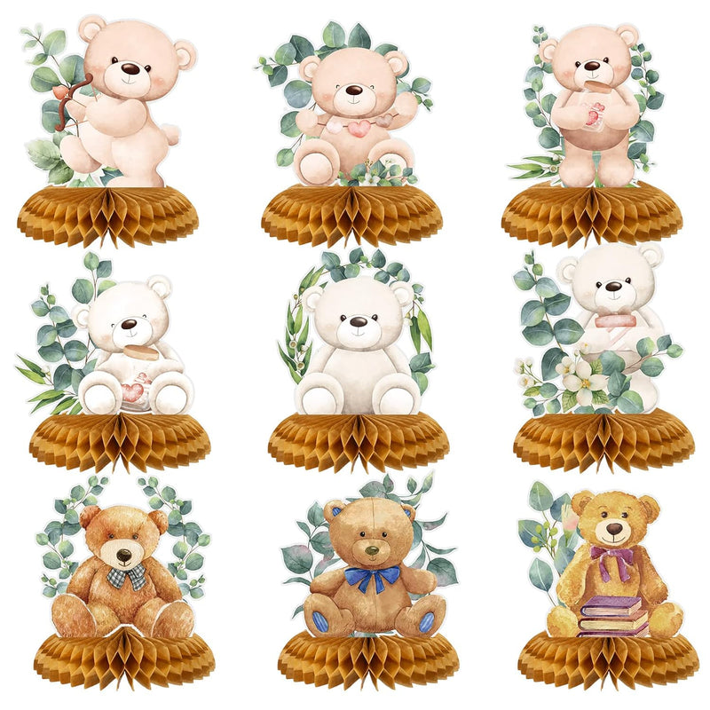 9 Pieces Bear Baby Shower Honeycomb Centerpieces Paper Bear Table Deco