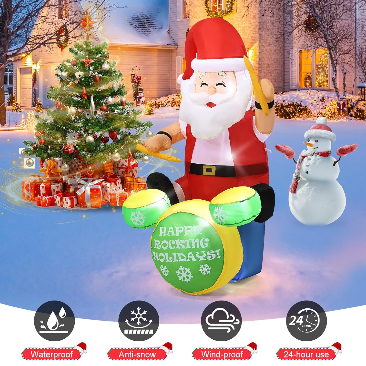 6Ft Christmas Inflatable Outdoor Decorations, Old Man Playing Drums Inflatable Patio Decorations With Led Lights For Ind