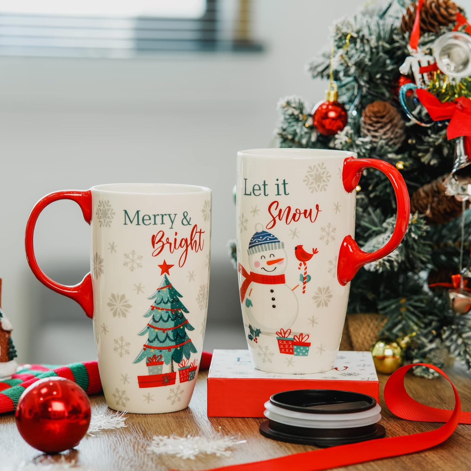 Christmas Ceramic Coffee Mug Tall Ceramic Cup With Lid And Matching Color Box Latte Mug.17 Oz. Christmas Tree And Snowman,Set Of 2