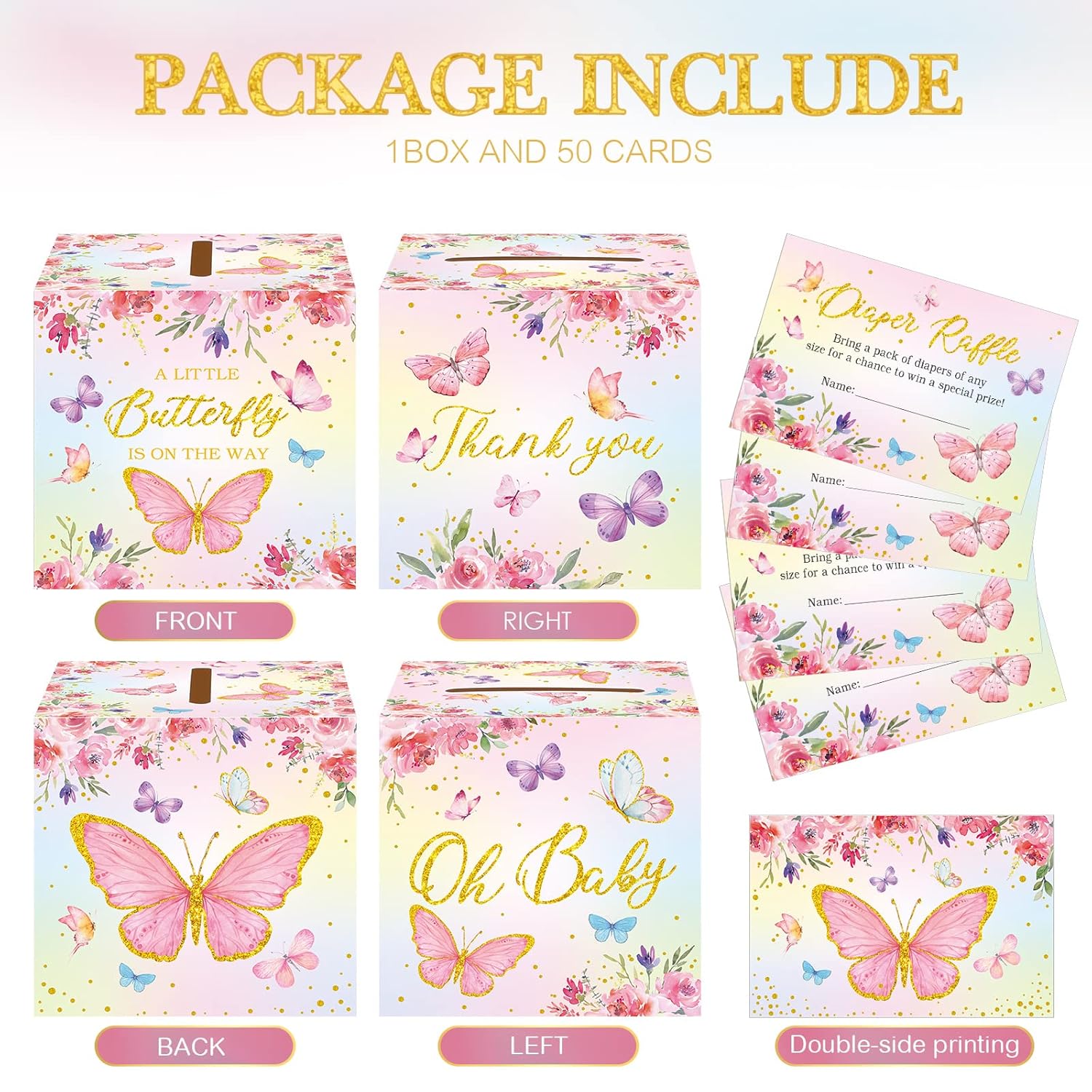 51 Pieces Butterfly Diaper Raffle Tickets With Diaper Baby Shower Raffle Card Box For Baby Shower Decor Gender Reveal Table Centerpiece Game Activity A Little Butterfly Is On The Way