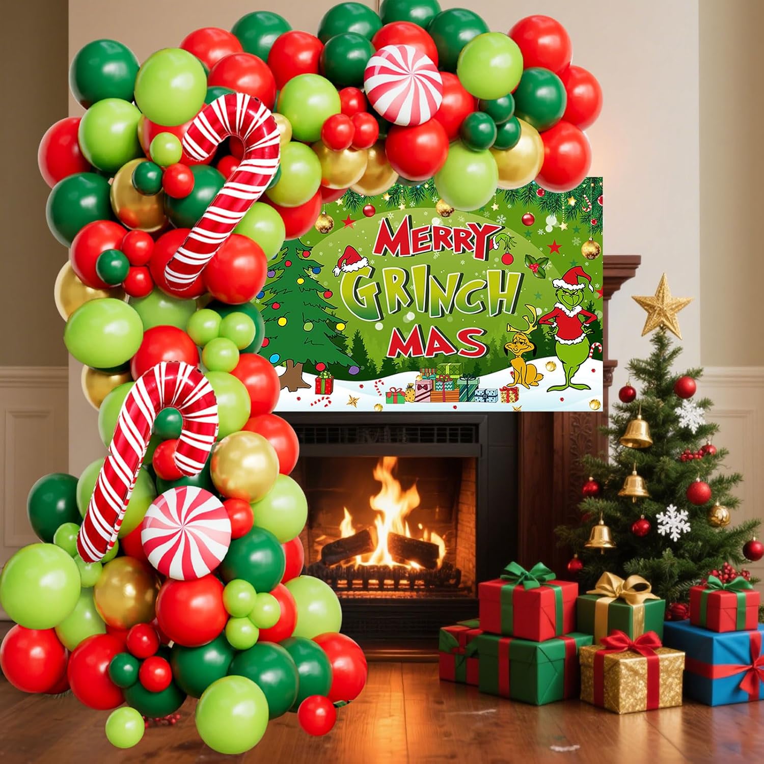 138 Pcs Christmas Balloon Arch Kit Christmas Balloon Garland With Merry Christ Mas Back Drop, Red Green Gold Latex Balloons And Red Candy Cane Lollipop For Xmas Party Decorations