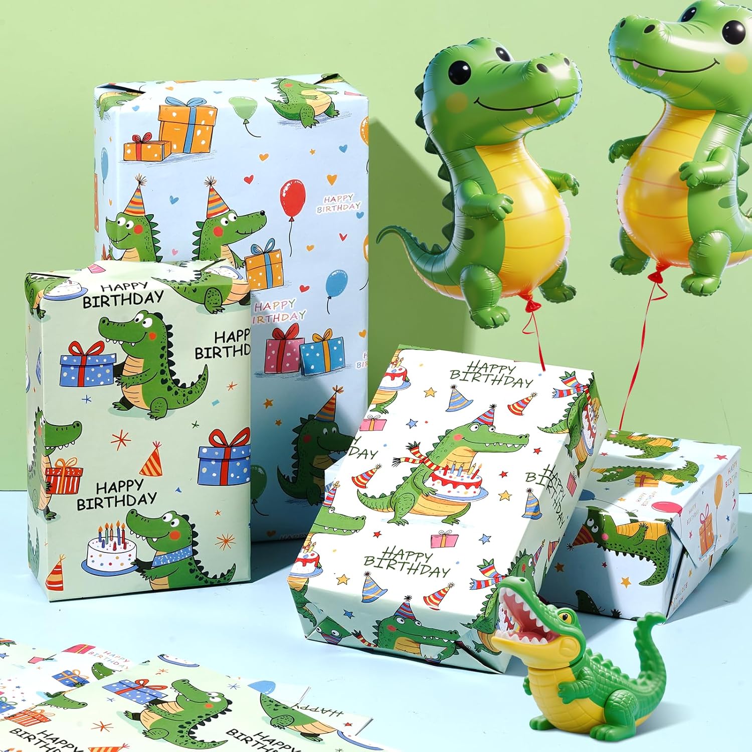 Alligator Birthday Wrapping Paper 12 Sheets Happy Birthday Themed Gift Wrap With Cartoon Crocodile & Gift Box Designs,20"×28"