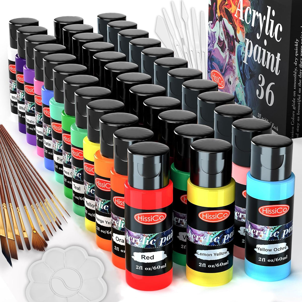 55Pcs Acrylic Paint Set Of 36 Colors 2Fl Oz 60Ml Bottles 12 Brushes,Non Toxic 36 Colors Acrylic Paint No Fading Rich Pigment For Kids Adults Artists Canvas Crafts Wood Painting