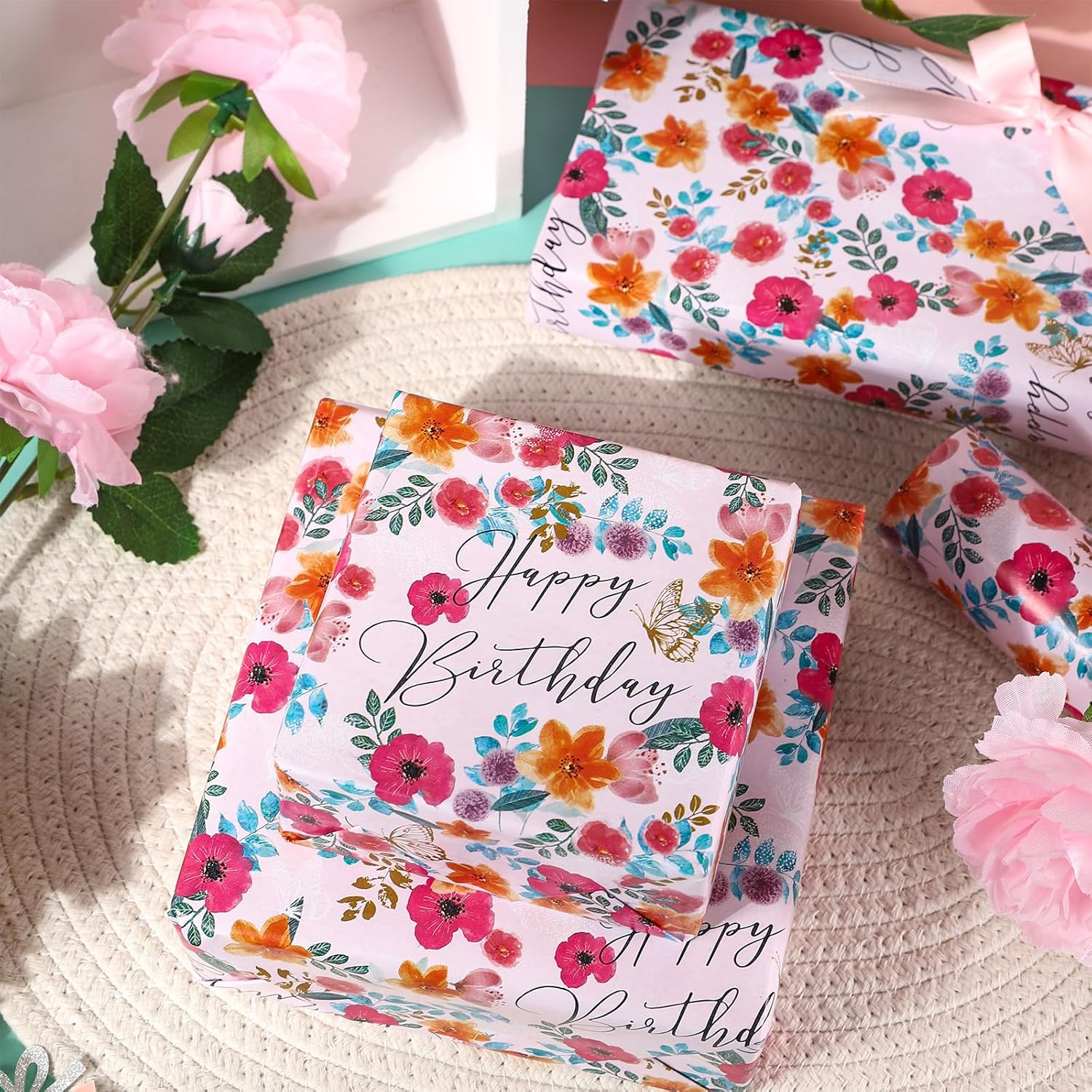 Happy Birthday Wrapping Paper Roll For Girls Women, Pink Floral & Butterfly, Birthday Party Gift Wrap For Girl, Women, Female, Mini Roll, 17 In X 32.8 Ft