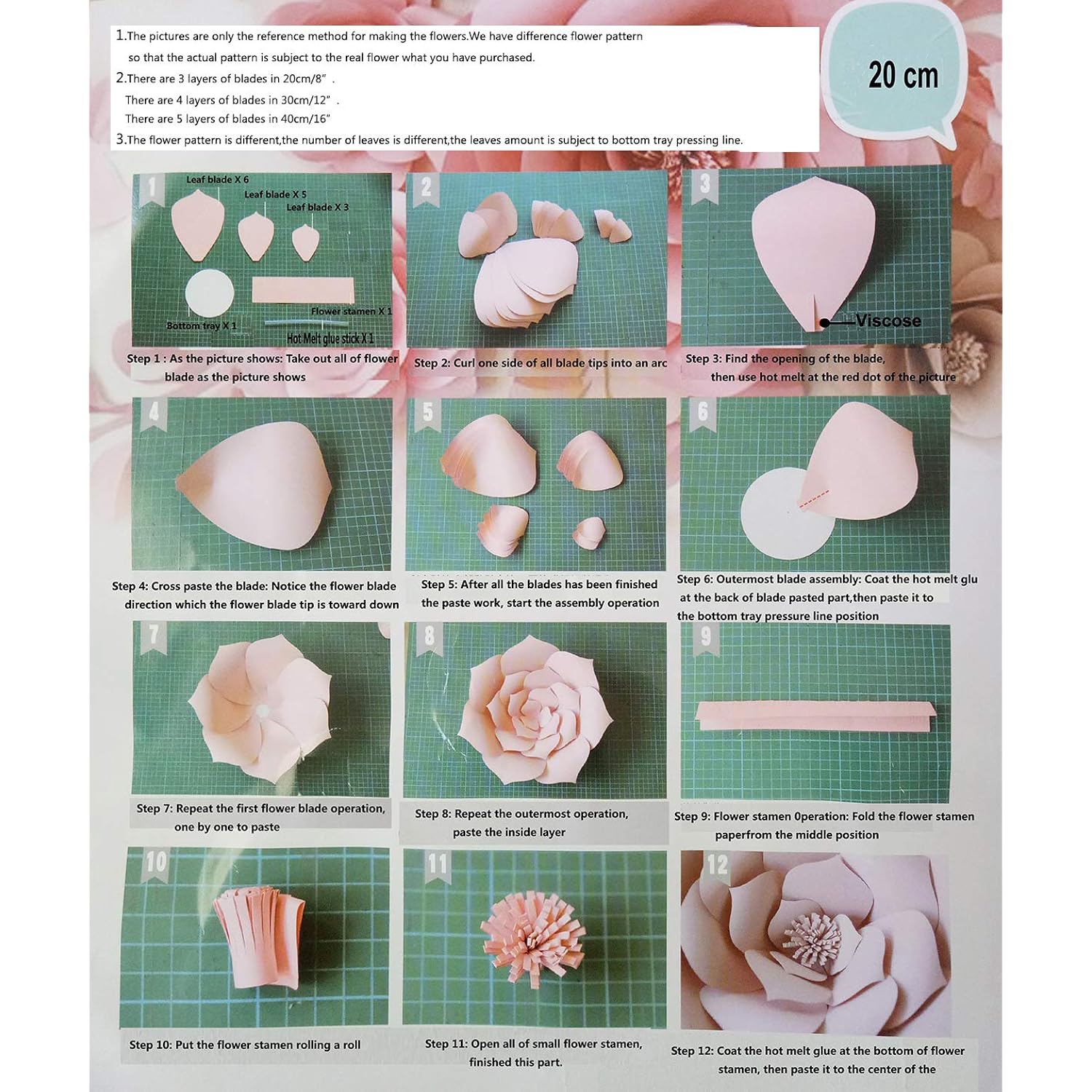 Daily Mall Paper Flower Decorations Giant Wedding Flowers Party Flower Backdrop Diy Handcrafted Flower For Nursey Birthday Wall Decor (Light Pink, 4Pcs-2X8''+2X12'')