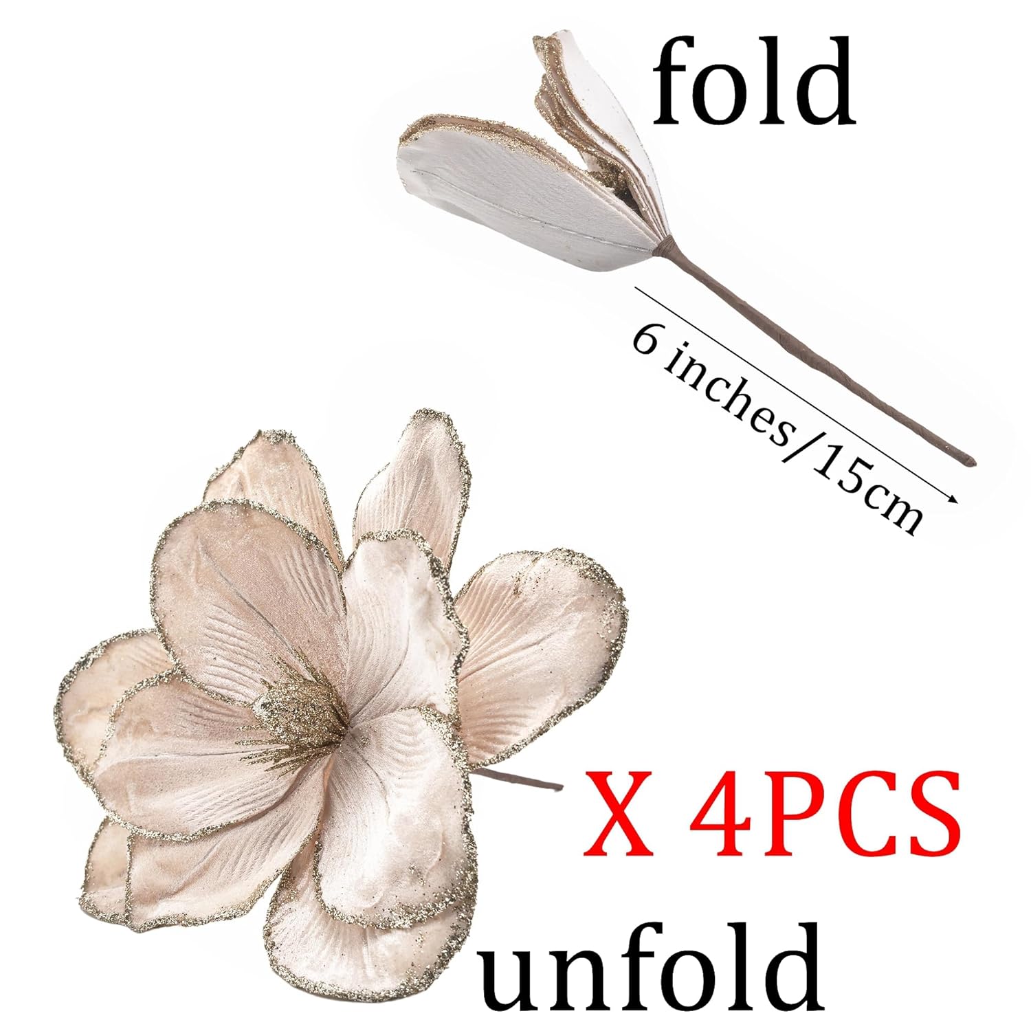 Christmas Velvet Flower Magnolia Flowers Artificial Poinsettia Stems Wedding Party Decor,4Pcs (Champagne)