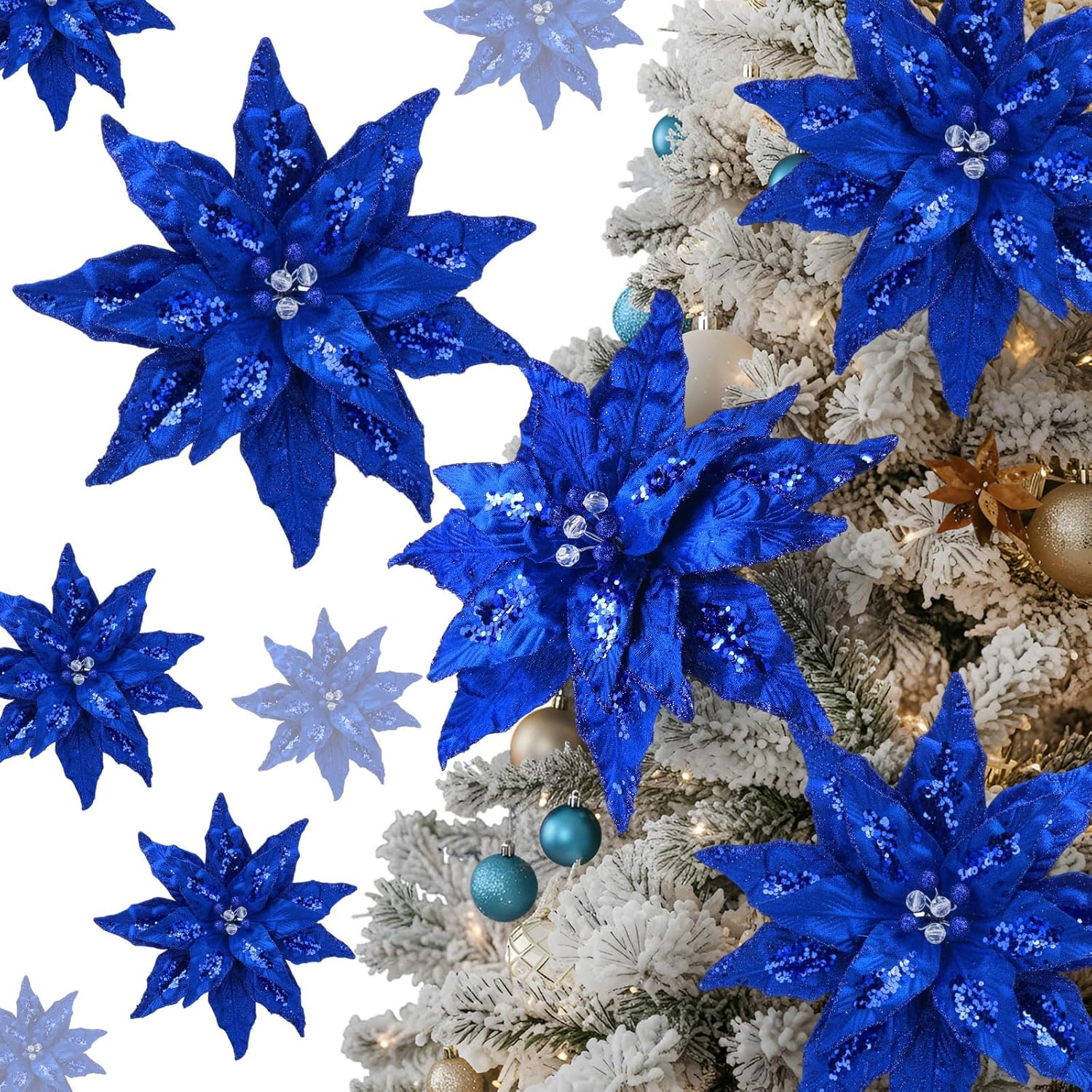 8 Pcs Velvet Christmas Glitter Poinsettia Flowers 12'' Large Heads Artificial Poinsettia Flower Ornaments Picks Christmas Tree Decoration Fake For Xmas Ornament Wedding Holiday(Royal Blue)