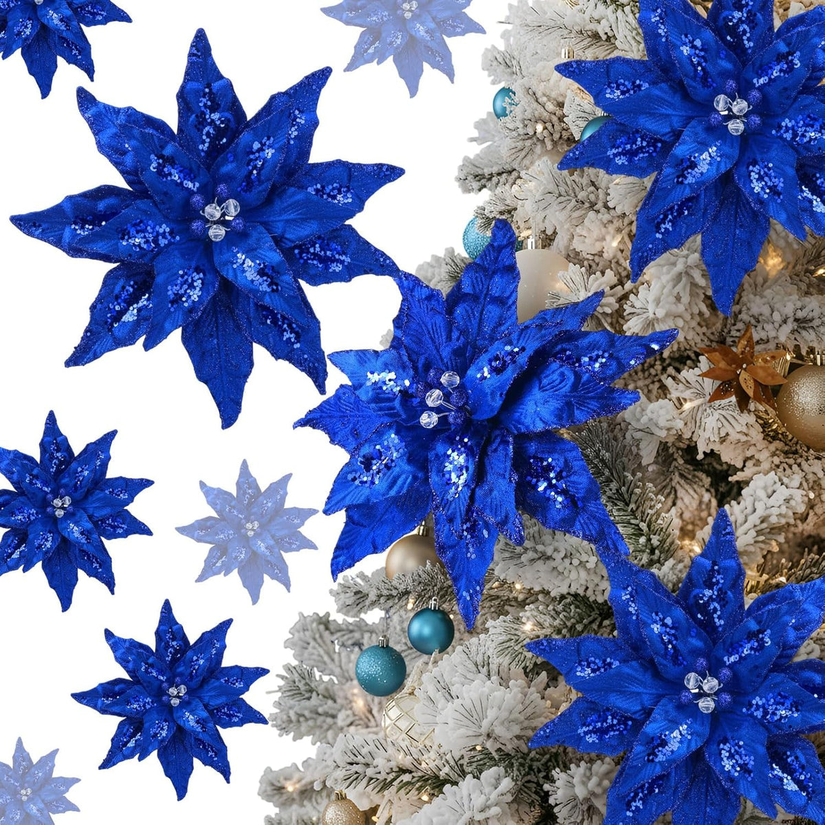 8 Pcs Velvet Christmas Glitter Poinsettia Flowers 12'' Large Heads Artificial Poinsettia Flower Ornaments Picks Christmas Tree Decoration Fake For Xmas Ornament Wedding Holiday(Royal Blue)