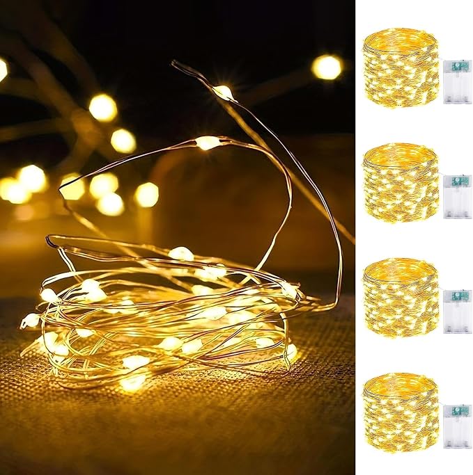4 Pack Battery Operated Fairy Lights 16FT 50 LED Warm White String Lights with Timer Waterproof Cuttable Starry Lights for Bedroom Wedding Christmas Decor