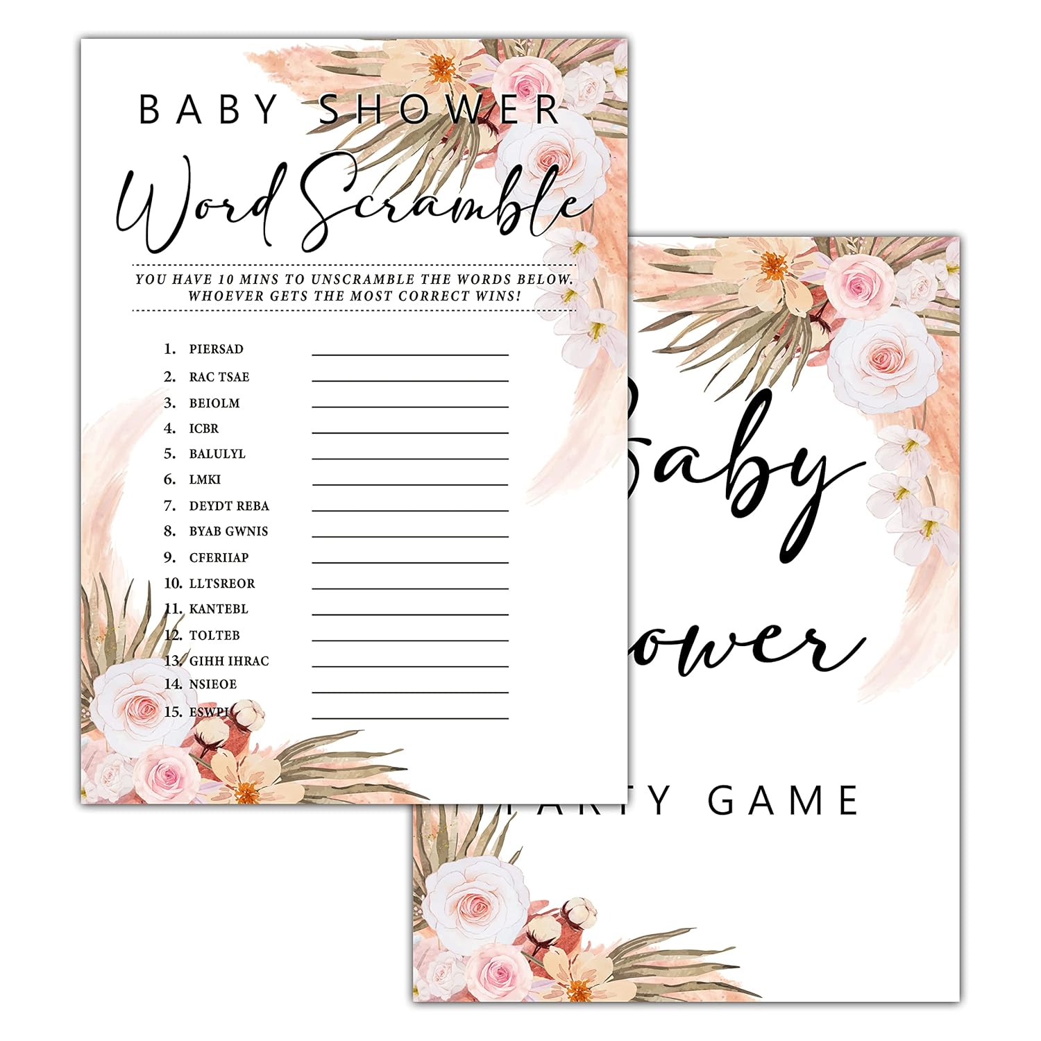 30 Boho Floral Baby Shower Games With 1 Answer Card (5"X7") - Word Scramble Game - Boho Floral Baby Gender Reveal Party Games - Boho Theme Gender Neutral Party Favors And Supplies (H03)