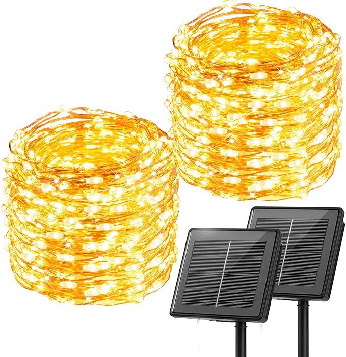 2 Pack Solar String Lights Outdoor 66FT 200 LED Warm White Fairy Lights Waterproof for Patio Yard Tree Wedding Christmas Decor
