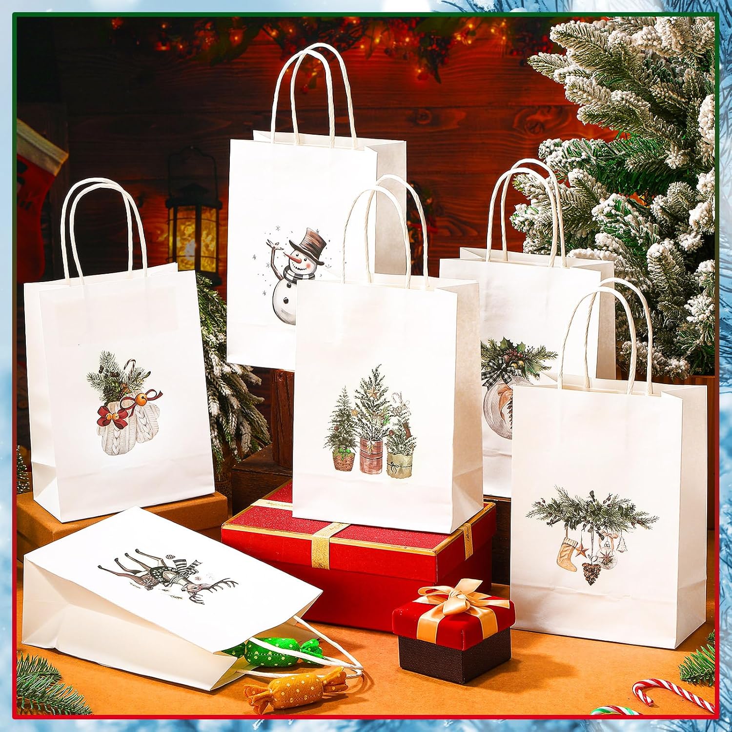 24 Pack Modern Rustic Christmas Gift Bags With Handle Boho Watercolor Christmas Small Paper Gift Wrapping Bags For Xmas, Winter Weddings, Birthdays