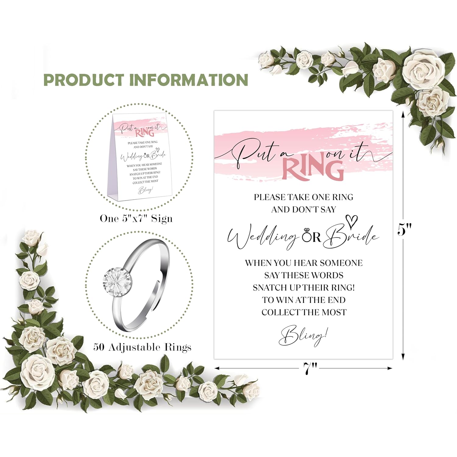 Pink Swash Don'T Say Bride Or Wedding Game, Put A Ring On It Bridal Shower Game With 50 Fake Rings, Modern Bridal Shower Decorations, Wedding Shower Or Bachelorette Party Supplies - 09