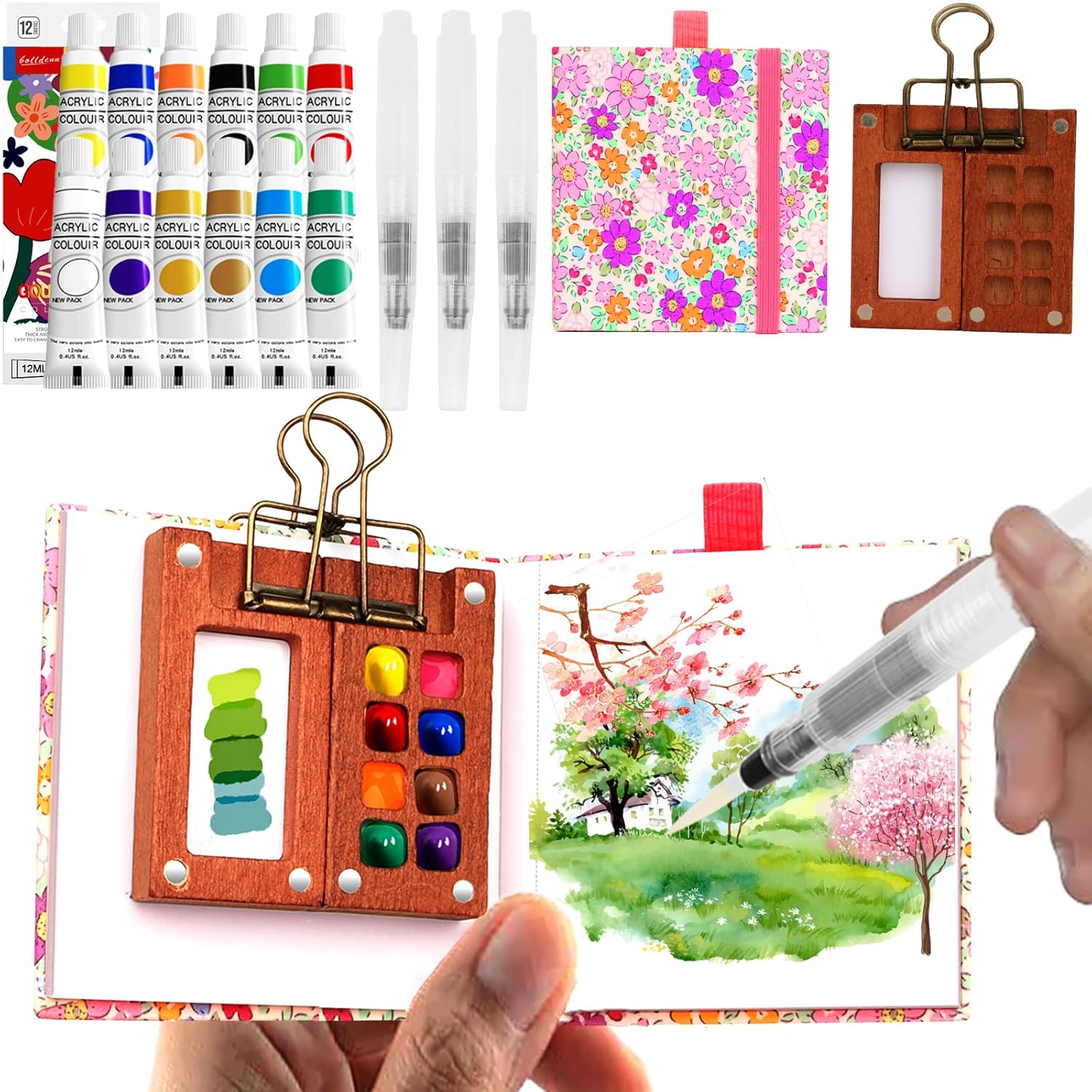 Pocket Wooden Paint Palette With Metal Clip, Water Colour Paints Sets With Sketchbook & Water Pen For Painters,Artists,Beginner (Rose-12 Colors, S-8 Grids)