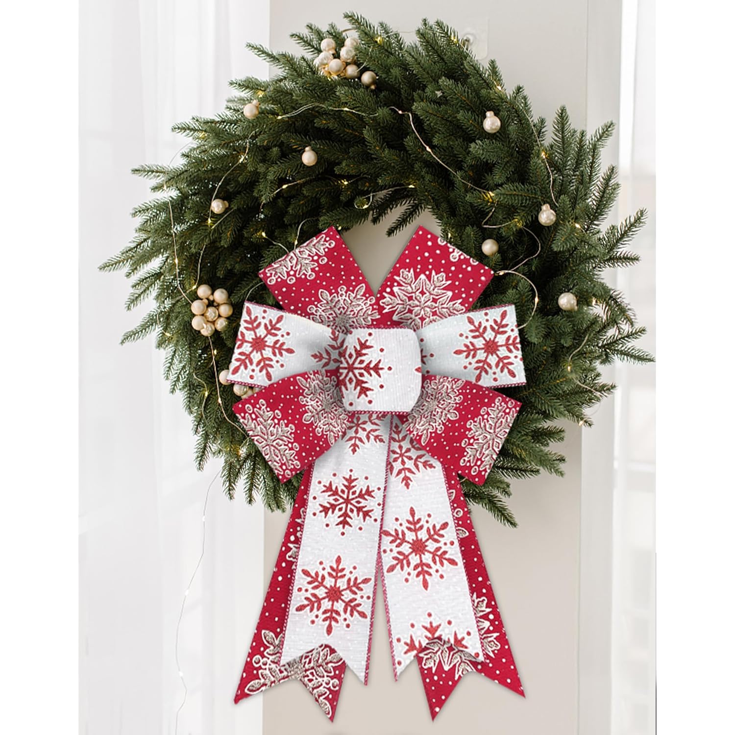 2 Rolls 2.5" 5 Yd Merry Christmas Ribbon Snowflake Wired Ribbon Glitter Gold Red White For Wreath Diy Crafting Gifts Wrapping Party Decoration