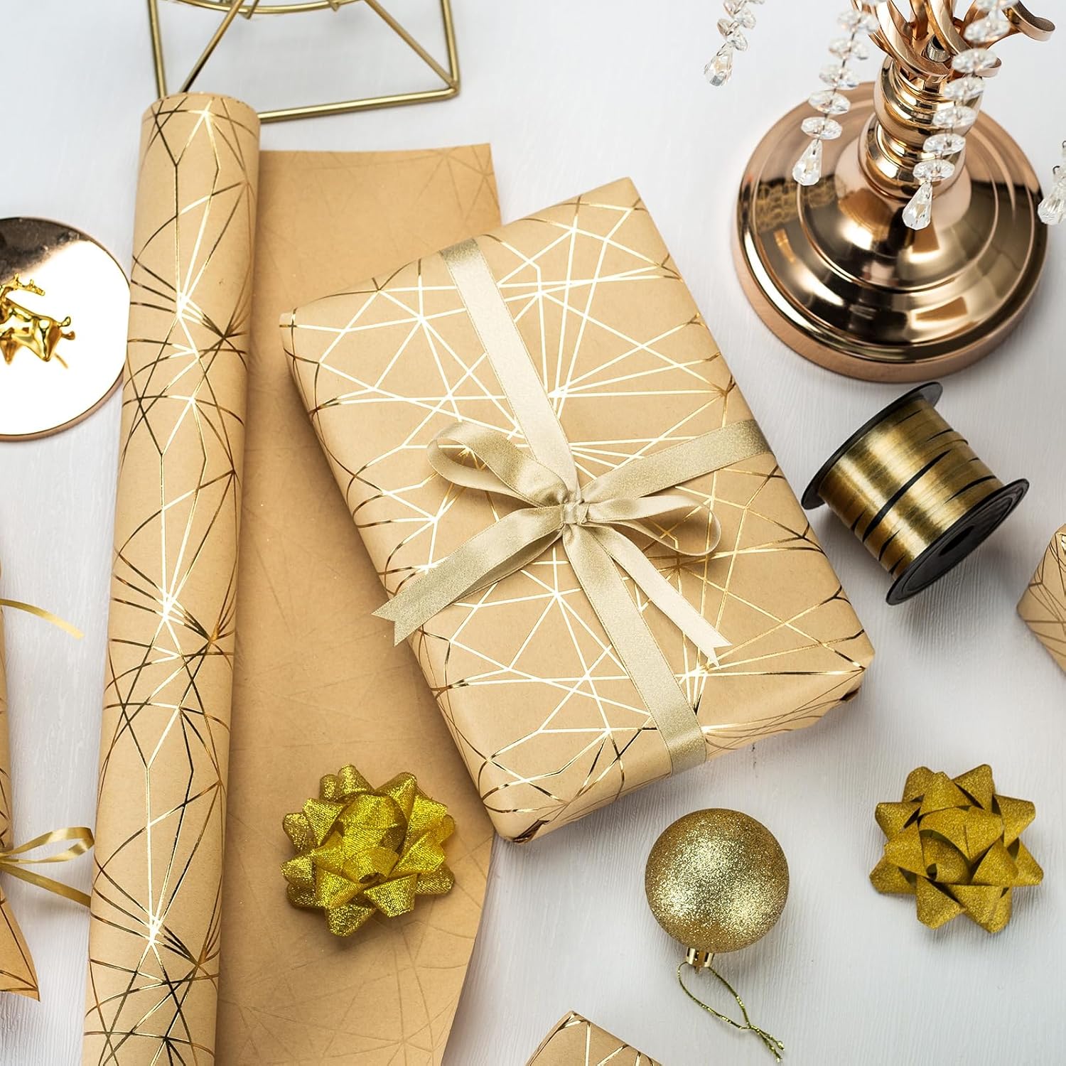 Gold Wrapping Paper Roll - 3D Embossed Metallic Shine Stripe, Luxury Kraft Paper For Birthday, Christmas, Wedding, Bridal Shower, Mothers Day, Fathers Day - Mini Roll - 17 In X 32.8 Ft