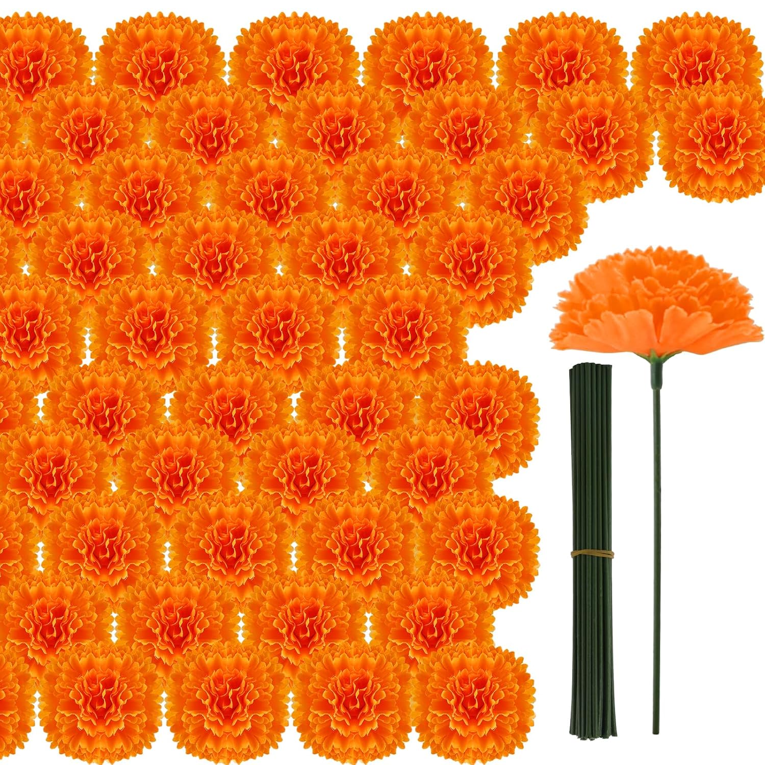 50Pcs Artificial Marigold Flower Heads, Silk Marigold Heads Bulk Fake Flowers For Dia De Los Muertos Decor Diy Marigold Garland Day Of The Dead Decorations