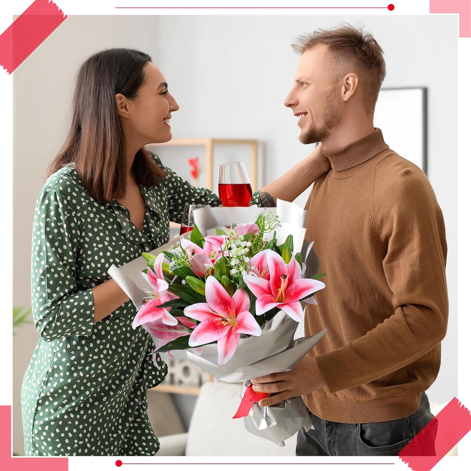 16 Pcs Artificial Tiger Lily Flowers Mother'S Day Real Touch Lily Latex Lilies Flowers Artificial Bouquet Faux Latex With Rods For Home Decoration Birthday(Pink And Green)