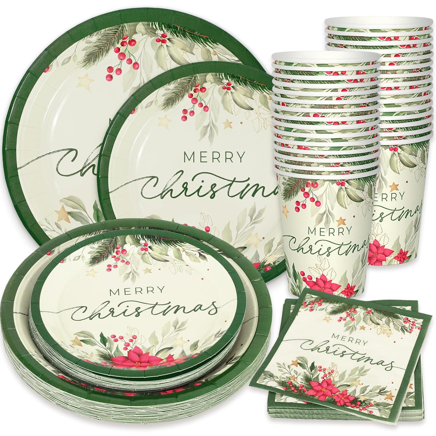 24 Sets Christmas Holly Paper Plates Cups Napkins Party Decorations Poinsettia Mistletoe Disposable Plates Merry Christmas Tableware Set For Xmas Winter Holiday Wedding Birthday Party