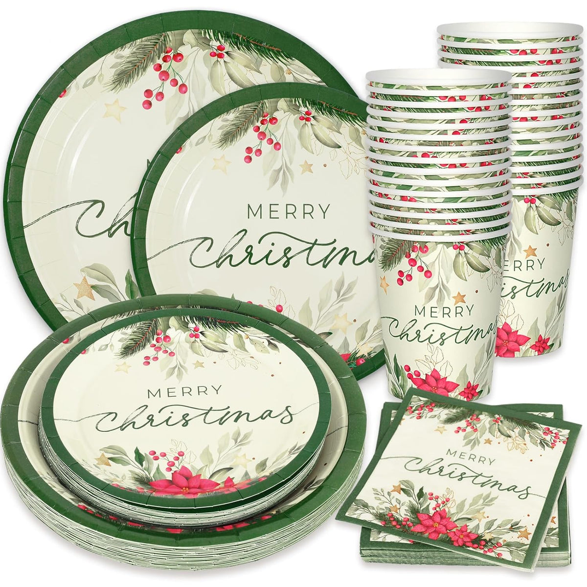 24 Sets Christmas Holly Paper Plates Cups Napkins Party Decorations Poinsettia Mistletoe Disposable Plates Merry Christmas Tableware Set For Xmas Winter Holiday Wedding Birthday Party