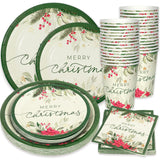 24 Sets Christmas Holly Paper Plates Cups Napkins Party Decorations Poinsettia Mistletoe Disposable Plates Merry Christmas Tableware Set For Xmas Winter Holiday Wedding Birthday Party