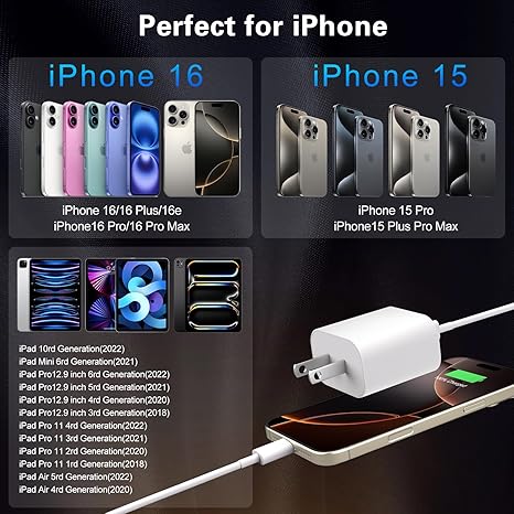 3 Pack 20W USB C Fast Charger with 6FT USB C Cable for iPhone 17 16 15 Pro Max