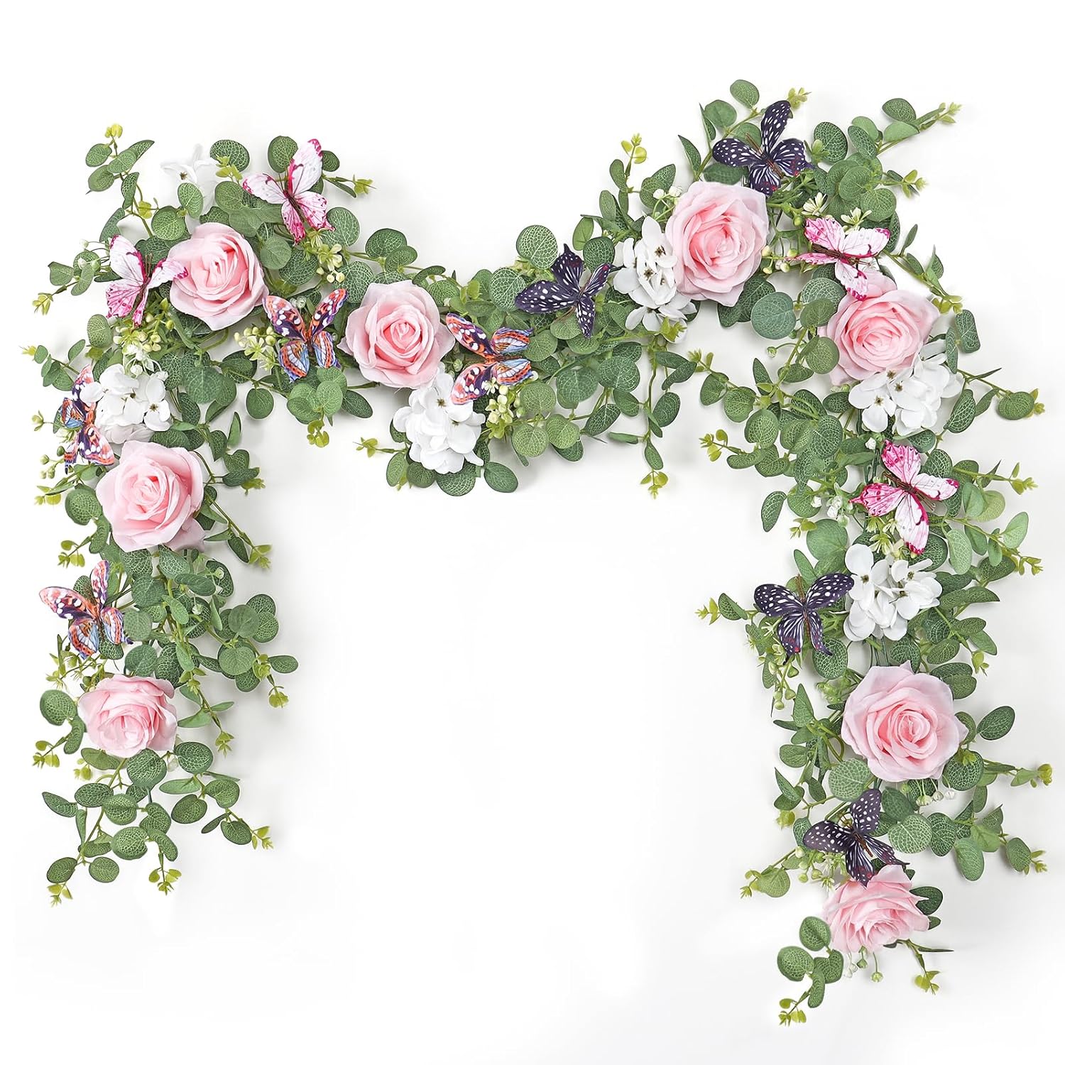 2Pcs 5.9 Ft Artificial Rose Vine Fake Flower Garland Pink Rose Hydrangea Vines With 3D Butterflies Hanging Floral Eucalyptus Garland For Wedding Party Background Arch Table Wall Home Decor