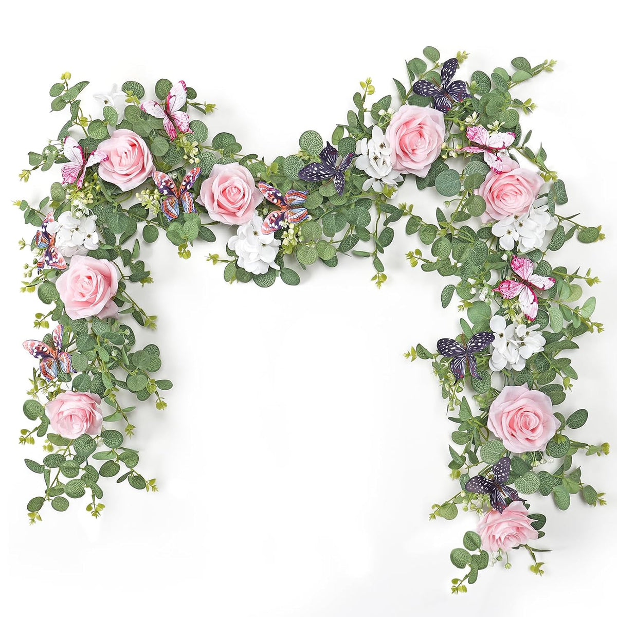 2Pcs 5.9 Ft Artificial Rose Vine Fake Flower Garland Pink Rose Hydrangea Vines With 3D Butterflies Hanging Floral Eucalyptus Garland For Wedding Party Background Arch Table Wall Home Decor
