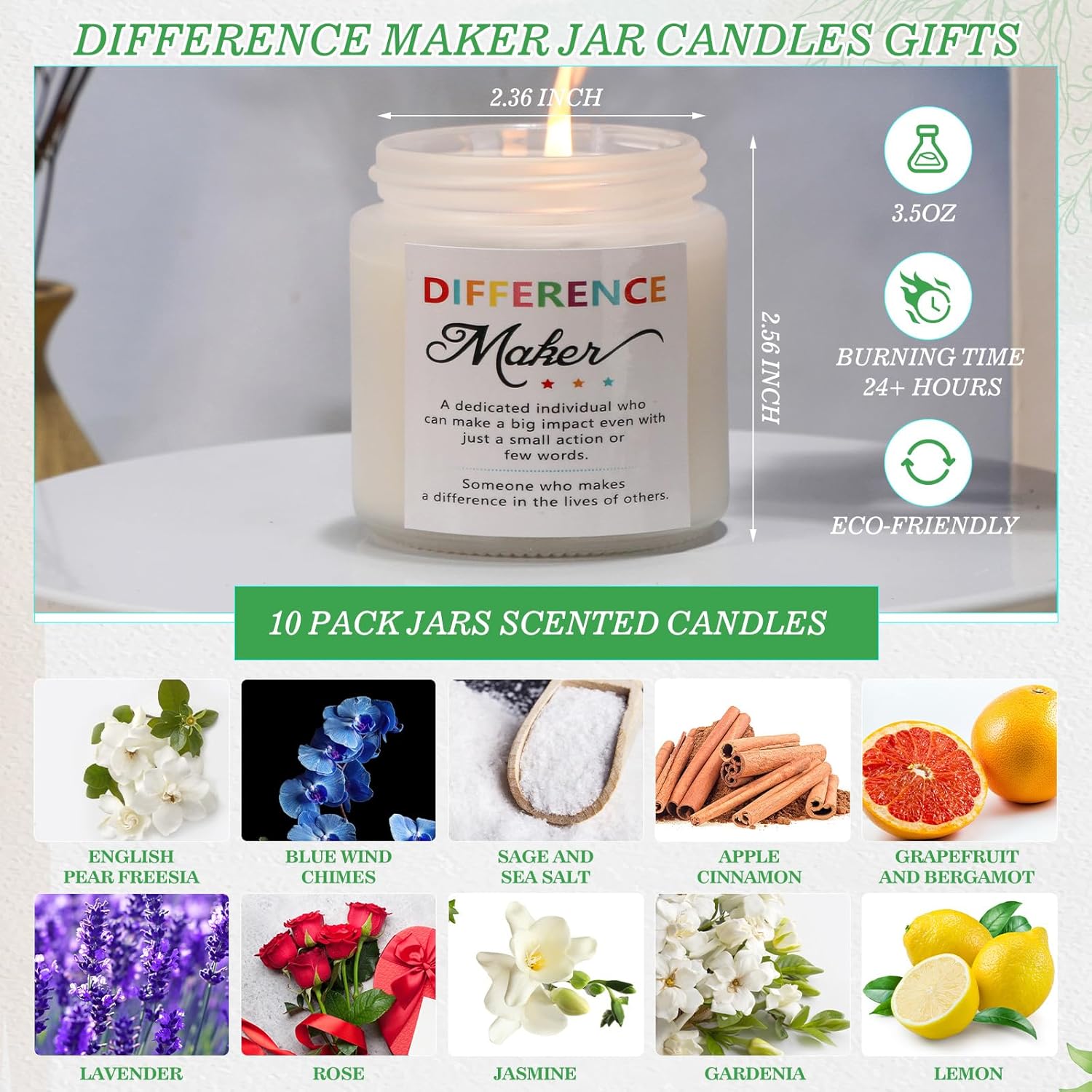 10 Pcs Difference Maker Gifts For Women Soy Wax Scented Glass Jar Candles 3.5 Oz Scented Candle Thank You Teacher Appreciation Gifts For Coworkers, Leader, Boss Lady, Nurse, 10 Fragrance