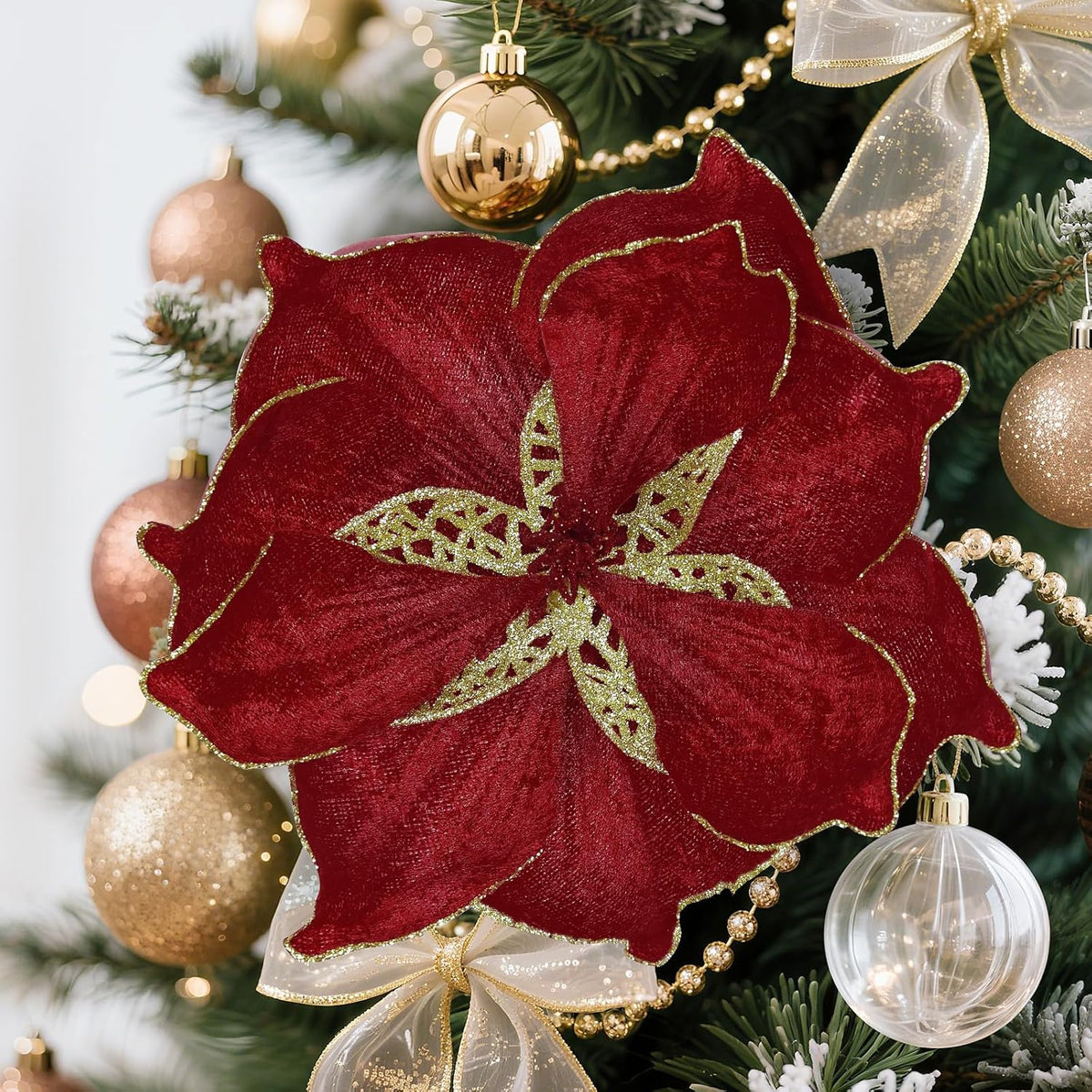 16 Pcs Poinsettia Christmas Flowers Artificial, Glitter Magnolia Poinsettia Flowers Artificial, Sparkling Christmas Decorations For Xmas Tree Party Wreath Fireplace, Burgundy