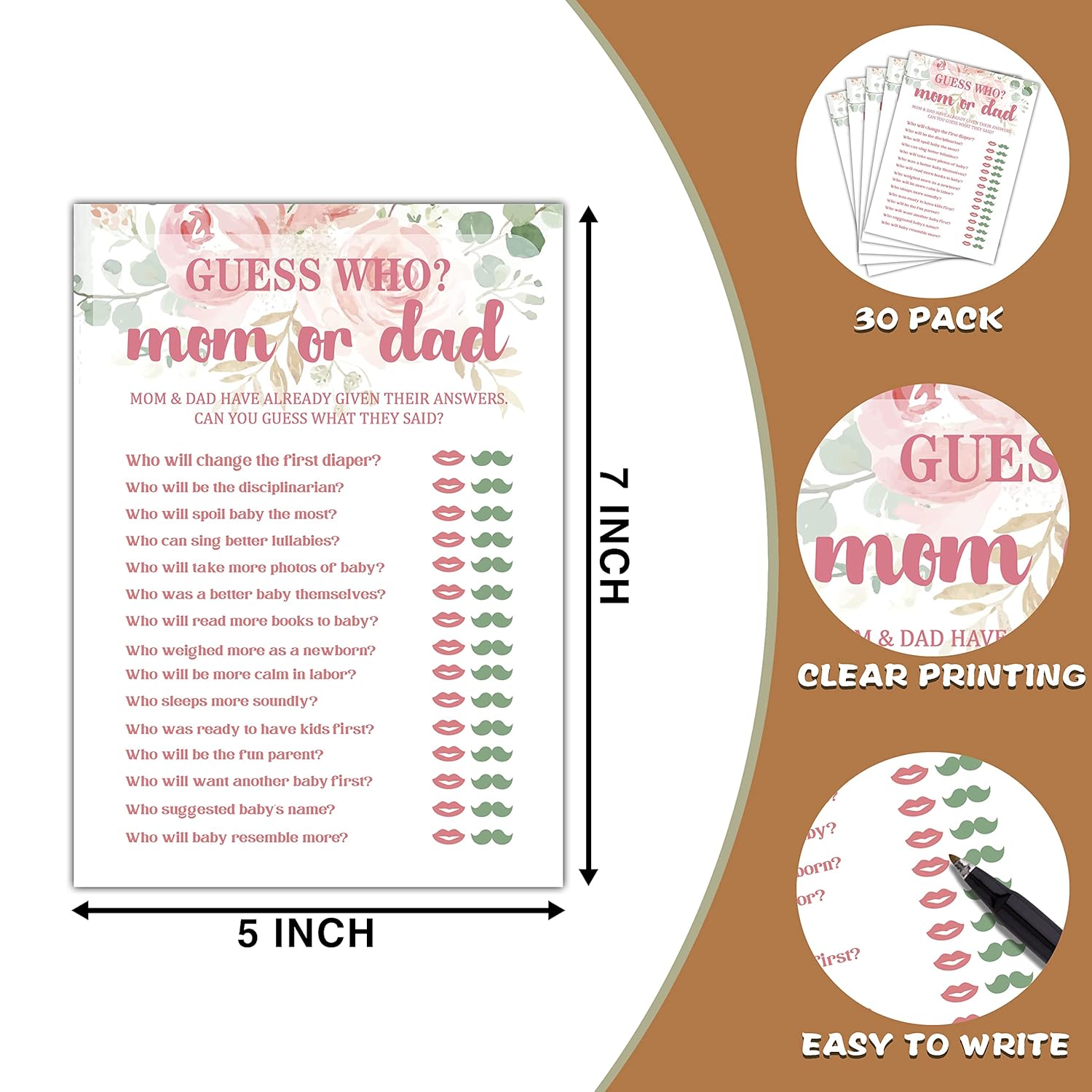 Baby Shower Game Set - Who Mom Or Dad Gender Reveal Party Decor Supply - Floral Greenery Baby Shower Games & Activities - Blush Pink Game Pack For Boys And Girls - 30 Game Cards(C04)