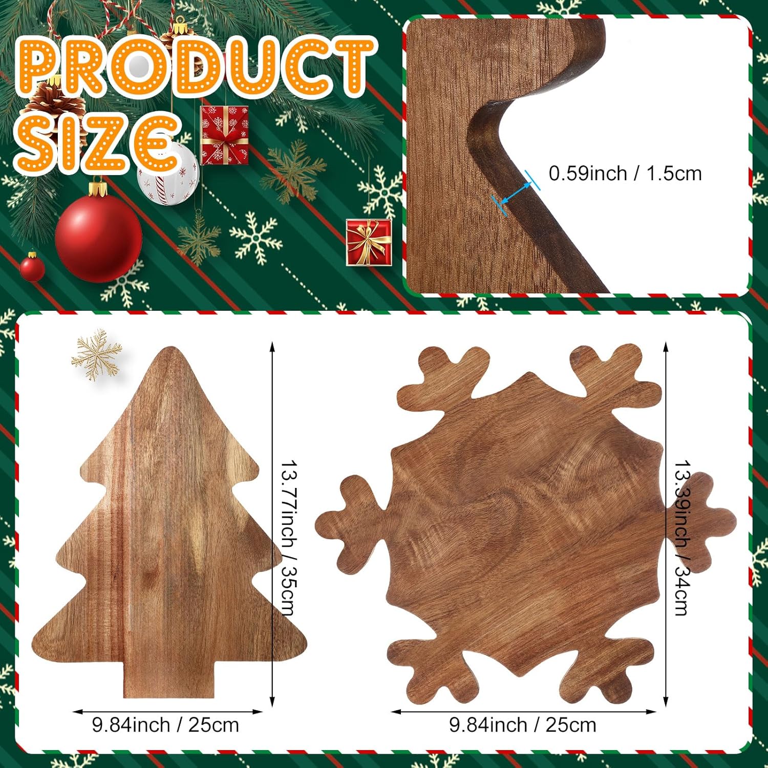 2 Pcs Christmas Charcuterie Boards Christmas Tree Wooden Cutting Board With Handle Antler Acacia Wood Cute Cutting Board For Cheese Fruit Bread Salad Vegetables Snack Dessert(Snowflake Style)