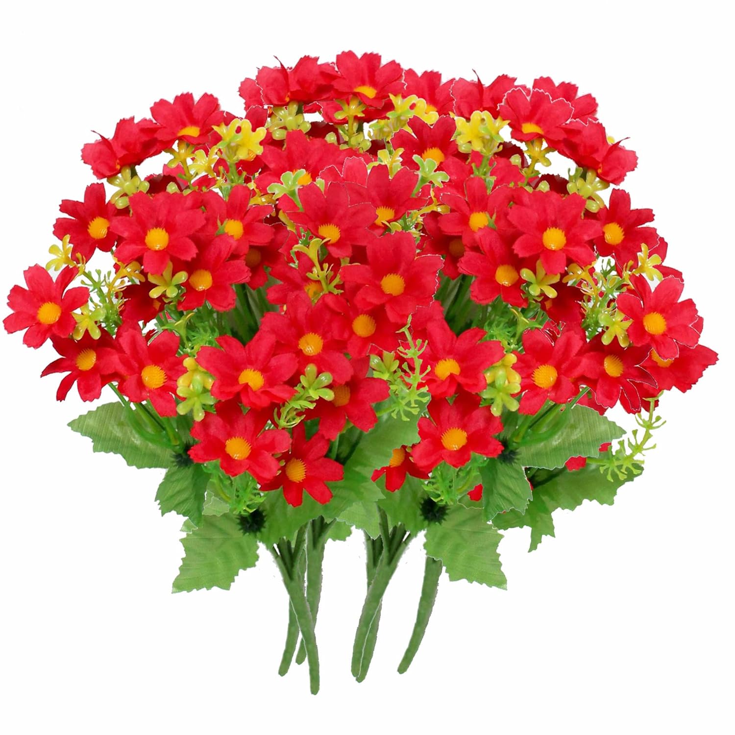 Artificial Daisy Flowers 6 Bundles, Uv Resistant Fake Silk Flowers, No Fade Greenery Shrubs Plants For Garden Farmhouse Porch Wedding Indoor Outdoor Home Decor (Red)