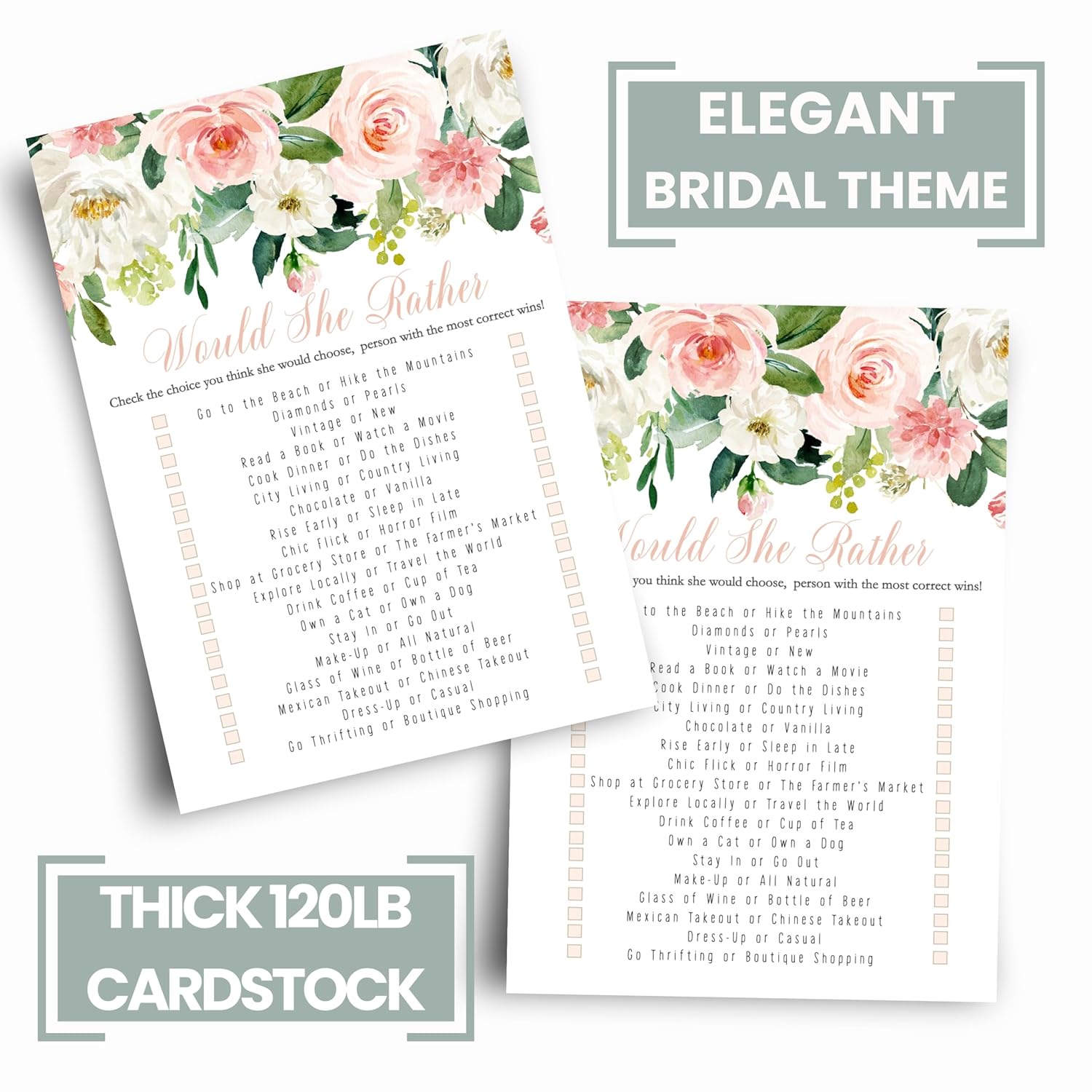 Graceful Floral Bridal Shower Games - 25 Cards - Would She Rather - Elegant Pink Floral Design For Bridal Showers, Wedding Receptions & Birthday Activities - 5X7 Pack Who Knows The Bride Best