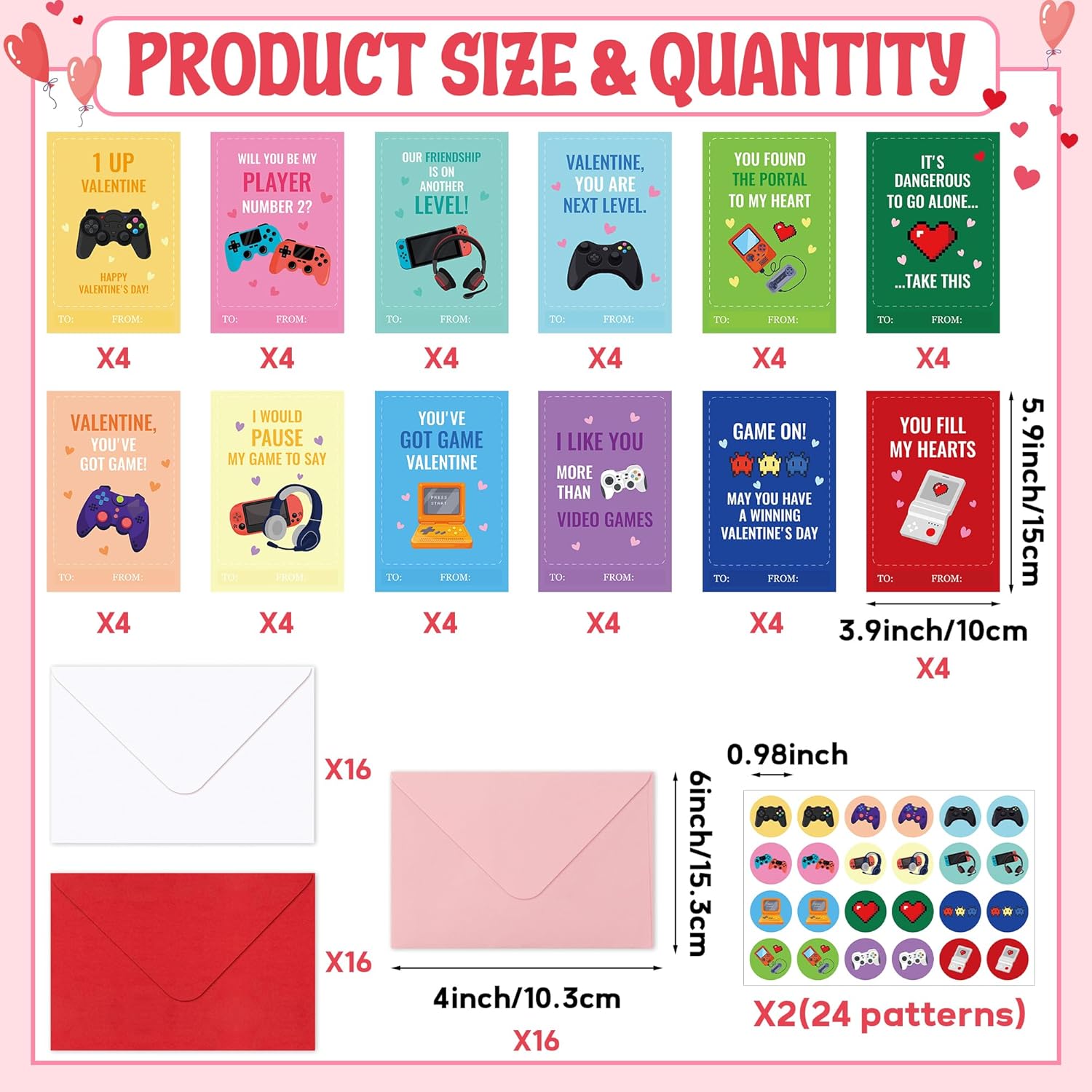 144Pcs Valentines Day Cards For Kids Includes 48 Video Game Theme Greeting Cards 48 Red Pink White Envelopes 48 Cute Stickers For School Classroom Exchange Gifts For Girls Boys Party Favor