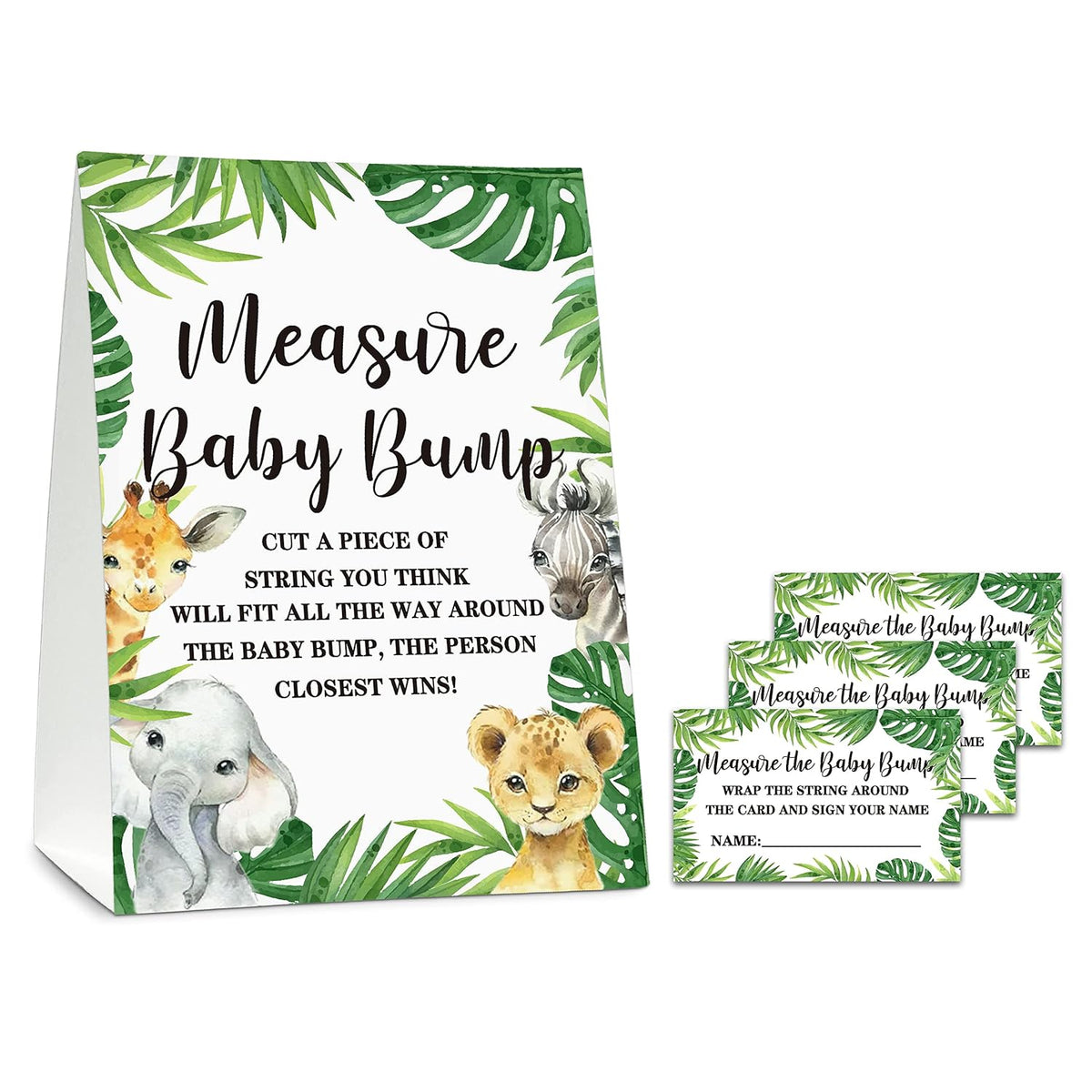 Jungle Animal Measure The Baby Bump Baby Shower Game Kit, How Big Is Mommy'S Belly Game-1 Standing Sign And 50 Guessing Cards For Gender Neutral Baby Shower-Lk-D02