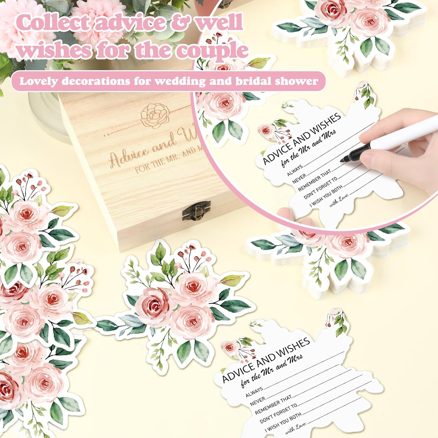 Rose 50 Pcs Floral Advice And Wishes Bridal Shower Cards For The Mr And Mrs Bridal Shower Games Cards With Advice And 1 Pack Keepsake Box For Guests Wedding Bride Groom Party Decorations