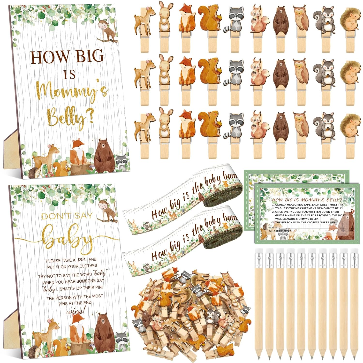 114 Pcs Baby Shower Games Supplies Include Measure Mommy'S Belly Sign Don'T Say Sign 50 Clothespins 2 Tummy Measure Rolls 10 Pencils Baby Shower Decor Party Favors(Woodland Animal)