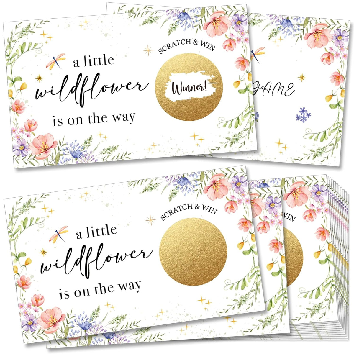 Baby Shower Game For Adults - Floral Scratch Off Activity Cards, 50-Pack “A Little Wildflower Is On The Way” - Premium Gender Reveal & Party Game For Guests -W1