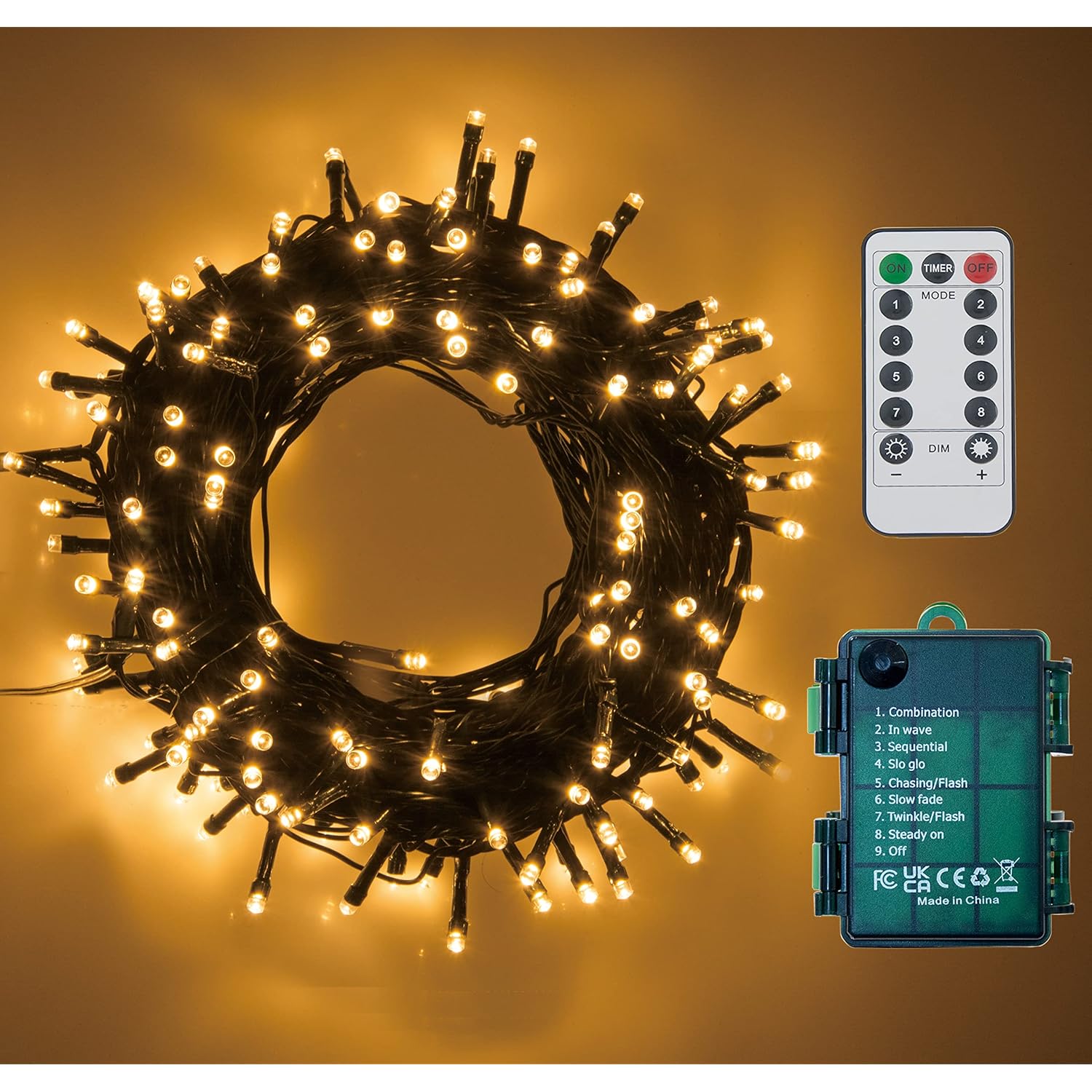 200 Leds Battery Operated Christmas Lights On Dark Green Cable, Waterproof Indoor/Outdoor String Fairy Lights With Remot