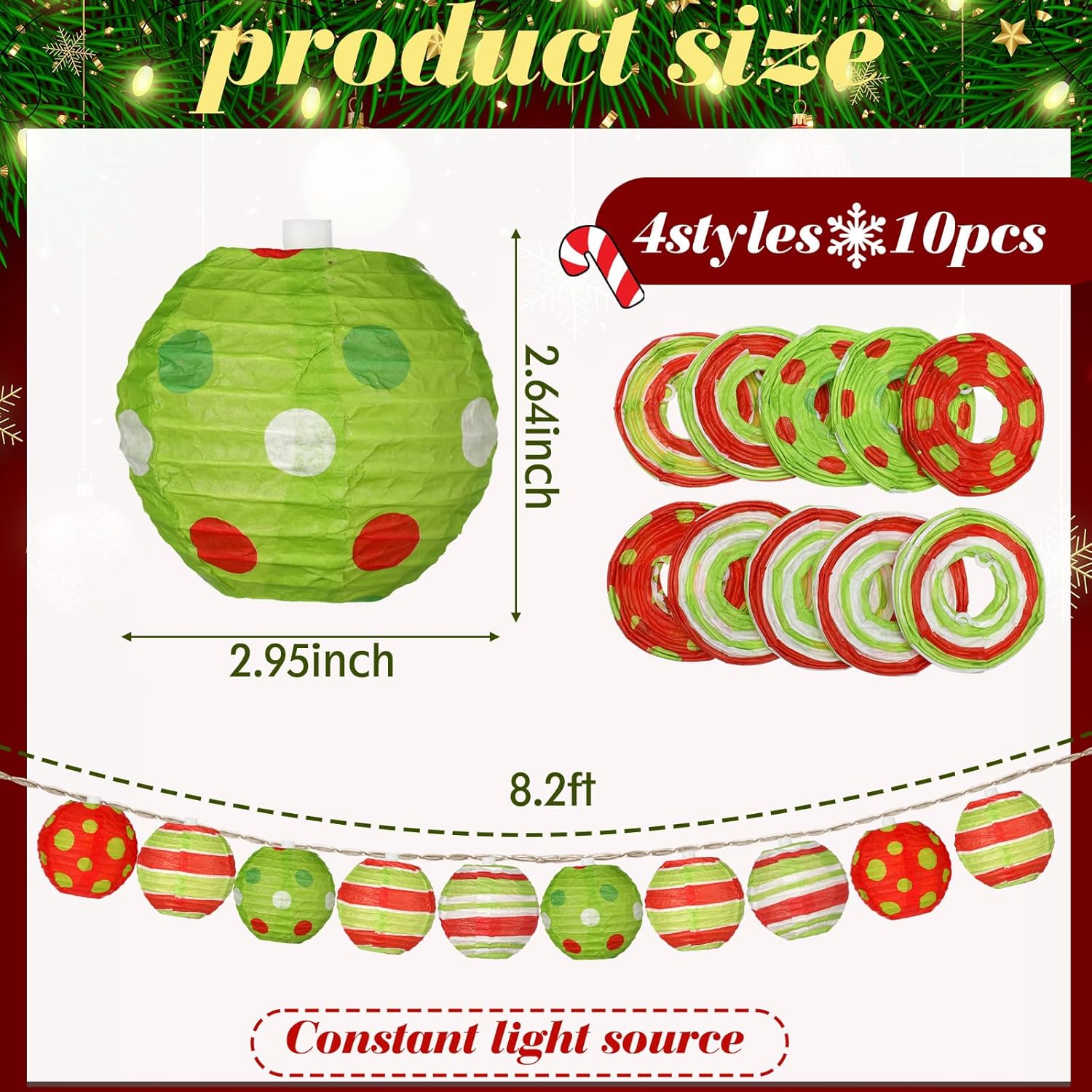 10 Pcs Christmas Paper Lanterns Red And Green Led Paper Lantern String 8.2 Ft Christmas Hanging Ornament For Xmas Tree D