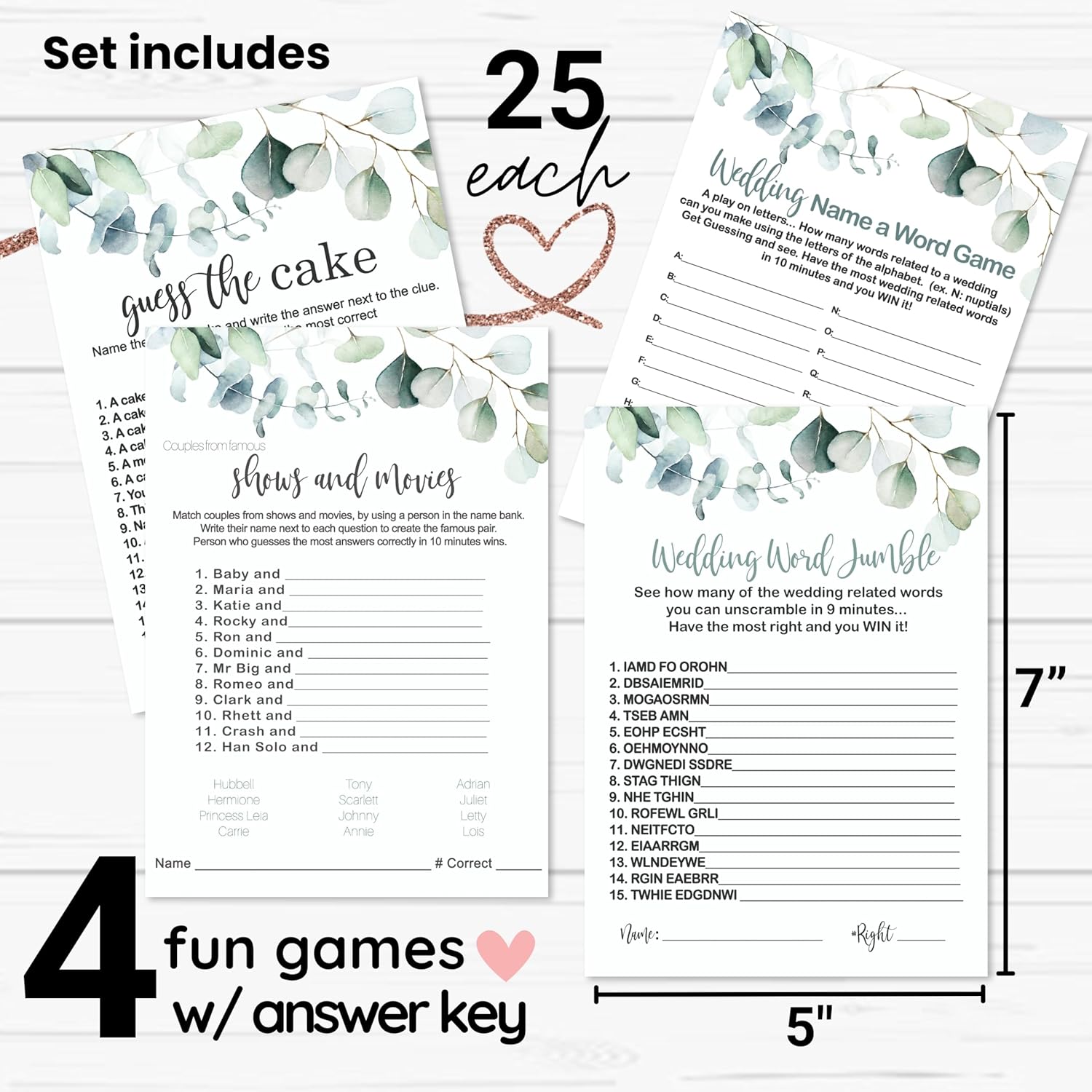 Greenery Bridal Shower Games - 25 Each Of Guess The Cake, Word Scramble, Famous Pairs & Wedding Name Game - Fun Activities For Engagement Parties & Rehearsal Dinners - Double-Sided Cards Bundle