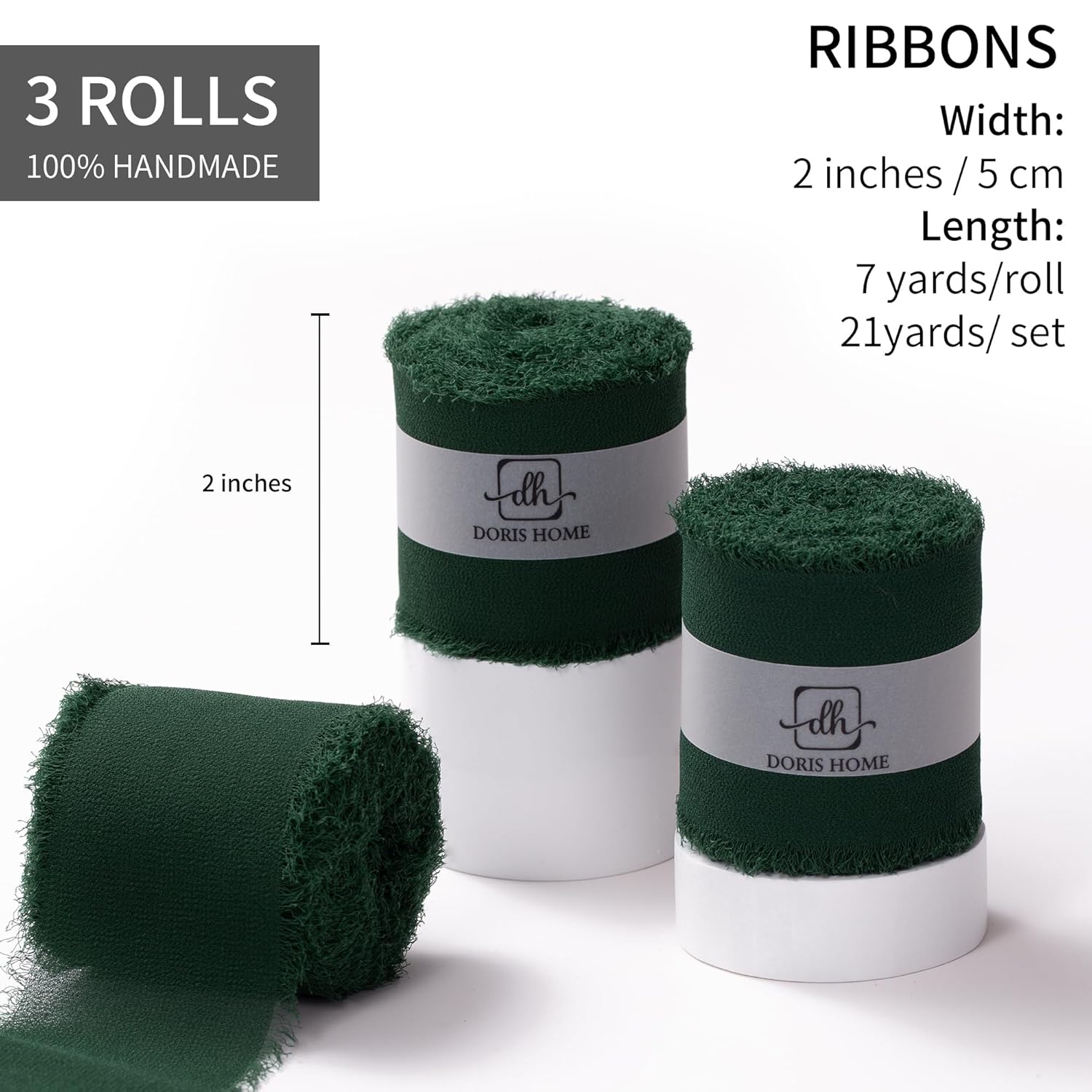 Dark Green Chiffon Ribbon For Flower Bouquet, 2" X21Yd Fabric Ribbon For Gift Wrapping, Handmade Frayed Ribbon For Wedding/Christmas Decorations