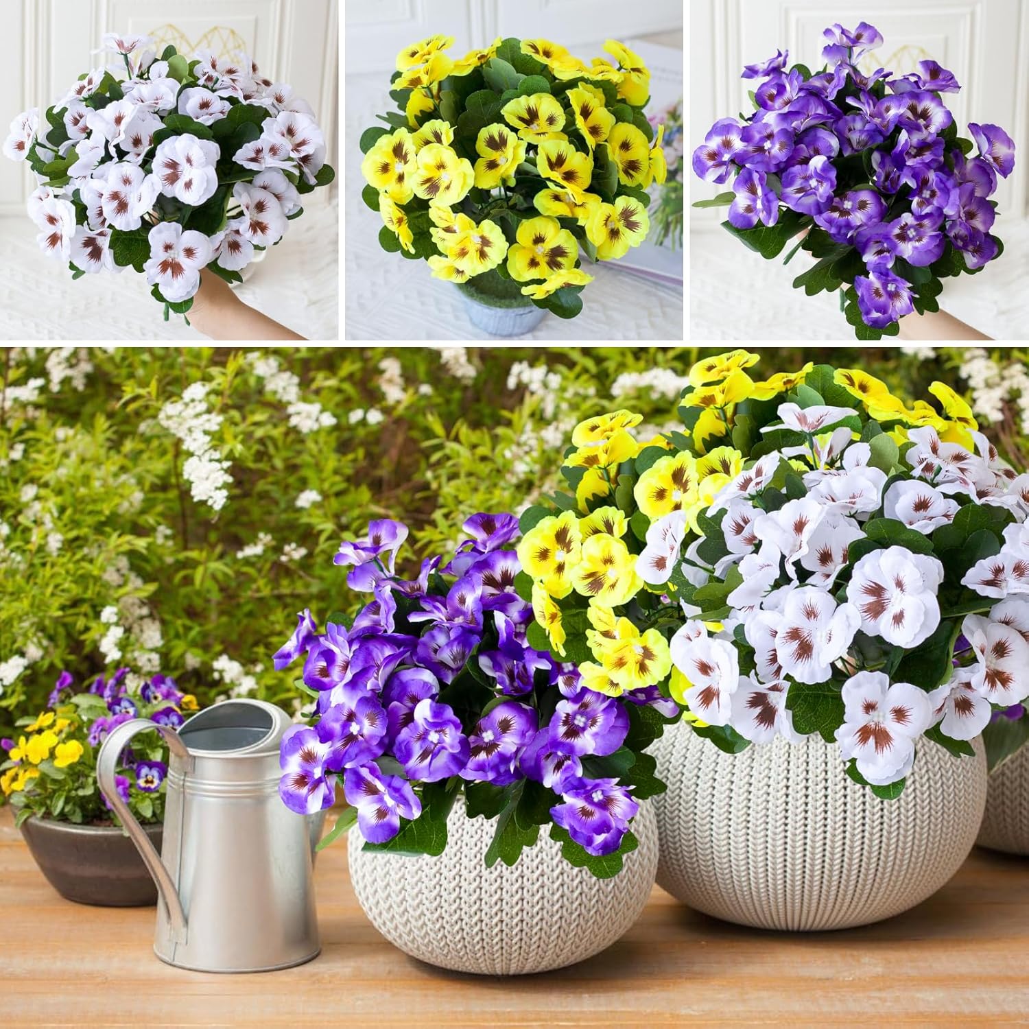 Artificial Fake Pansy Flowers For Outdoor, 24 Bundles Faux Silk Pansies Flowers Wildflowers For Spring Summer Planter Front Door Porch Yard Patio Window Box Home Decor (Purple, Yellow, White)