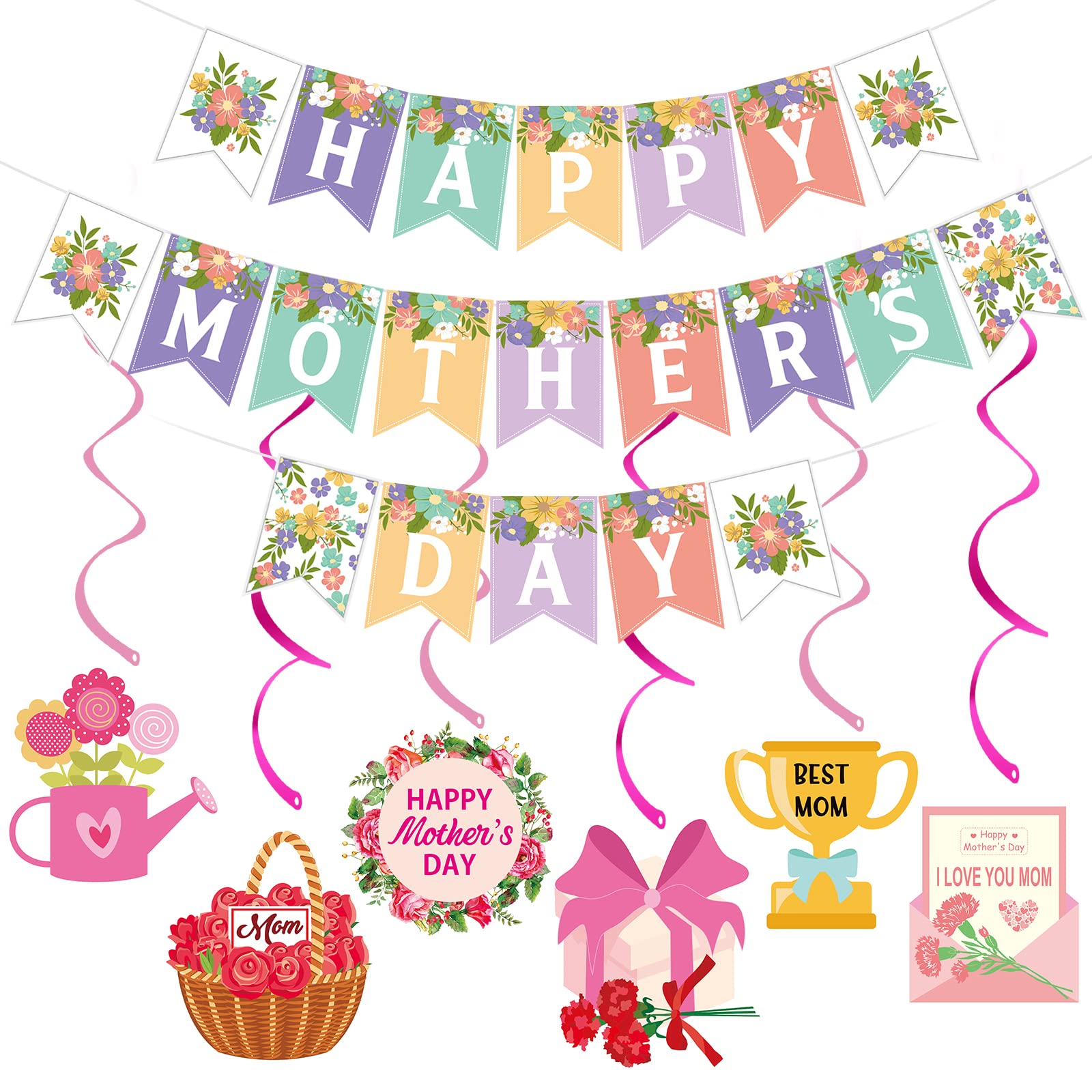 Happy Mothers Day Banner and Mothers Day Hanging Swirls Decorations Happy Mother's Day Sign Banner Decorations for Mother's Day Party Photo Props Backdrop